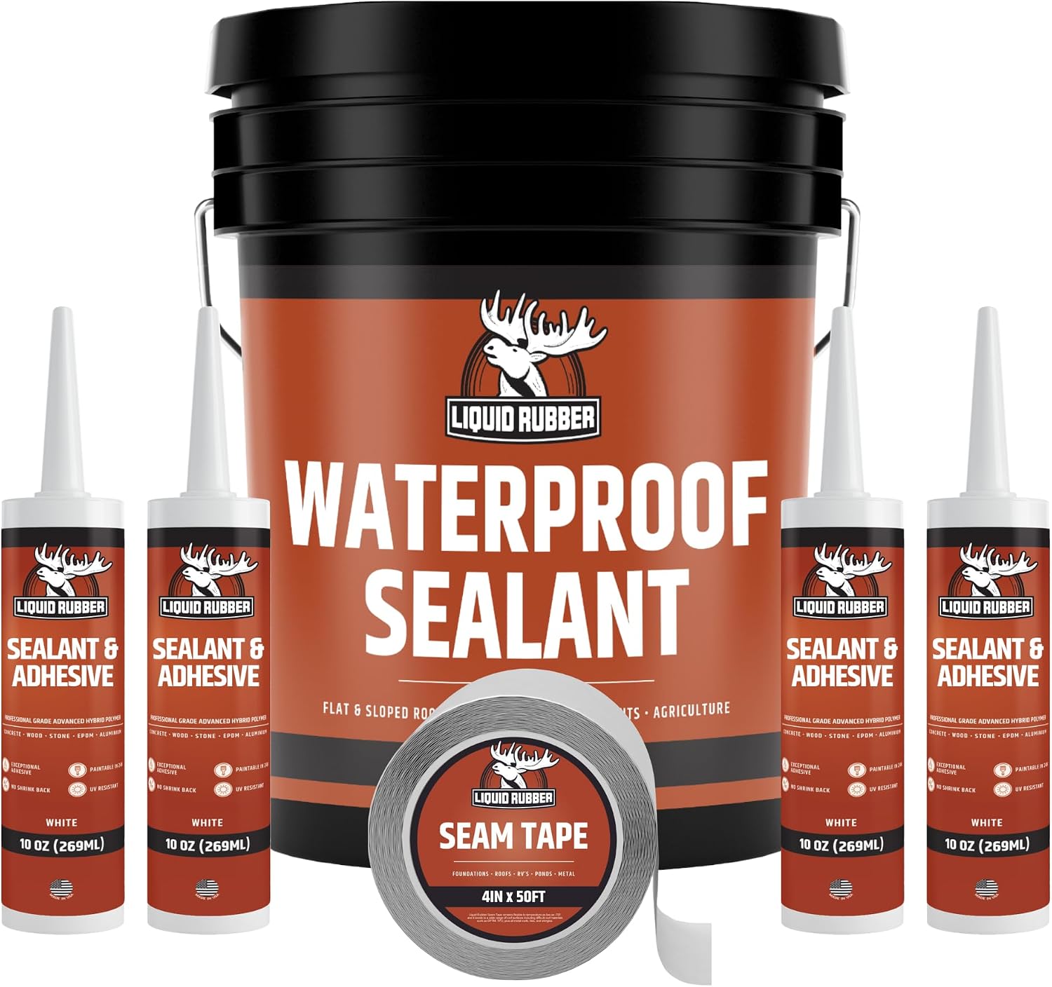 Liquid Rubber Waterproof Sealant – Waterproof Leak Repair Coating, Multi-Surface Rubber Paint, Durable Sealant for Roofs, Kit Includes- 5 Gallon Sealer, Caulk 10.2 oz 4 Pack, Seam Tape 4″ x50′ Black