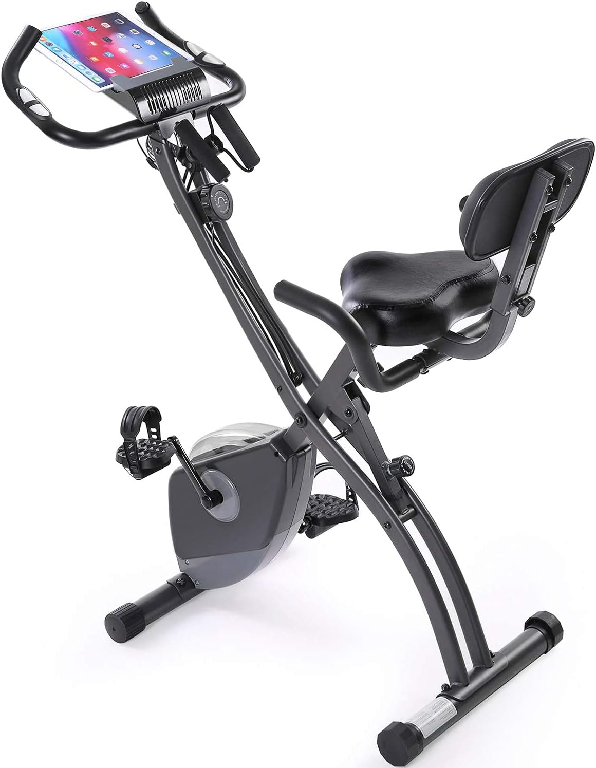 Locatis 3-in-1 Folding Stationary Bike, Magnetic Recumbent Slim Bike w/Arm Resistance Bands & LCD Monitor, Compact Design