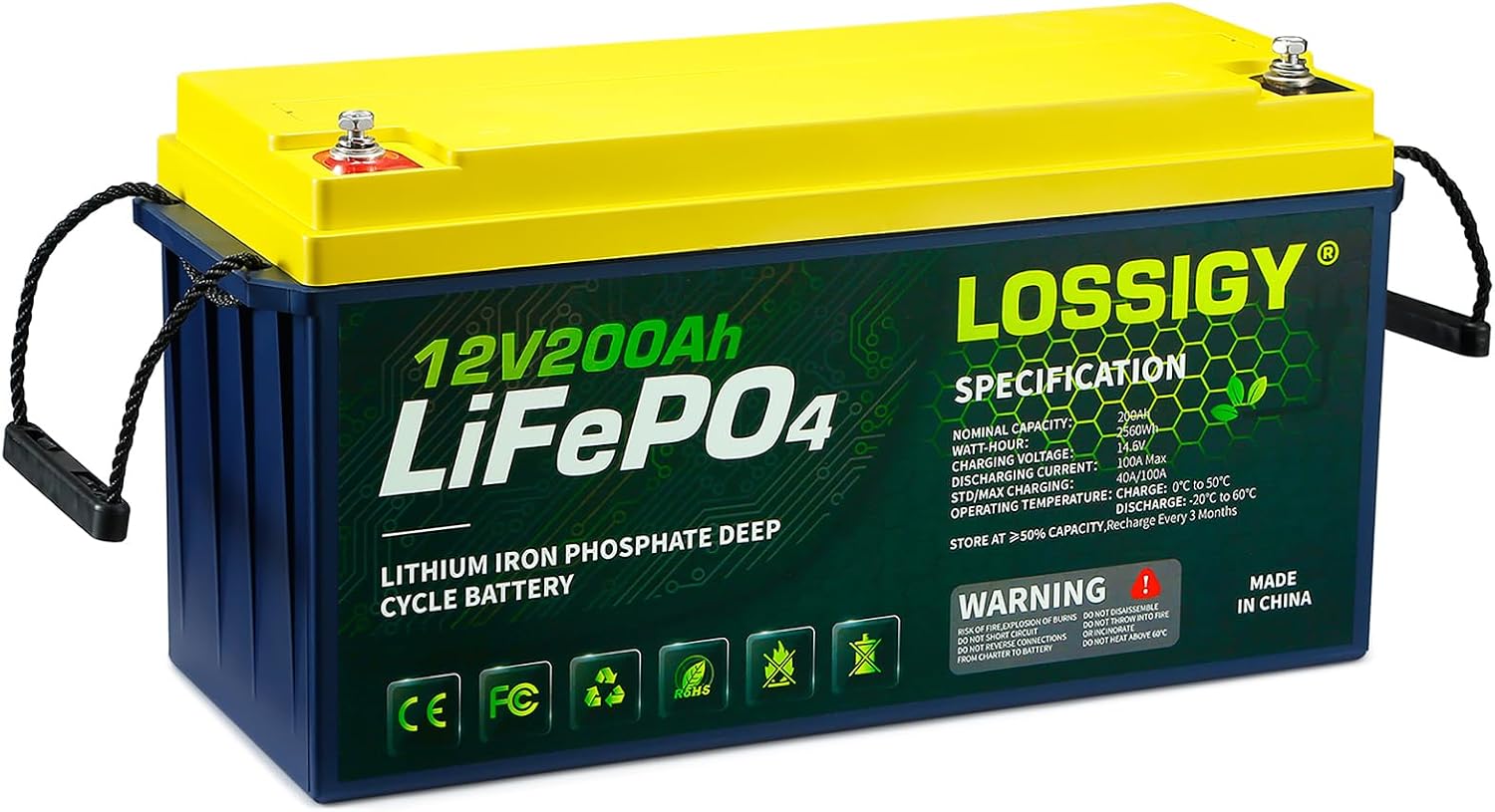 LOSSIGY 12V 200AH LiFePO4 Lithium RV Battery, Perfect for Solar System, Marine, 2560Wh 5000+ Deep Cycles, Built in BMS with 10 Yrs Lifespan