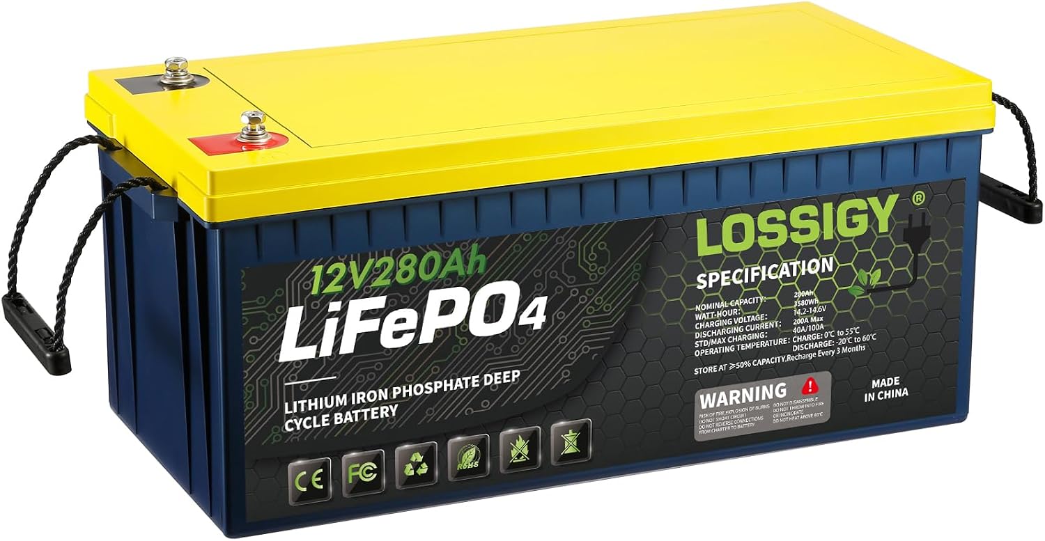 LOSSIGY 12V 280AH LiFePO4 Lithium RV Battery, Perfect for Solar System, Marine, 2560Wh 5000+ Deep Cycles, Built in BMS with 10 Yrs Lifespan
