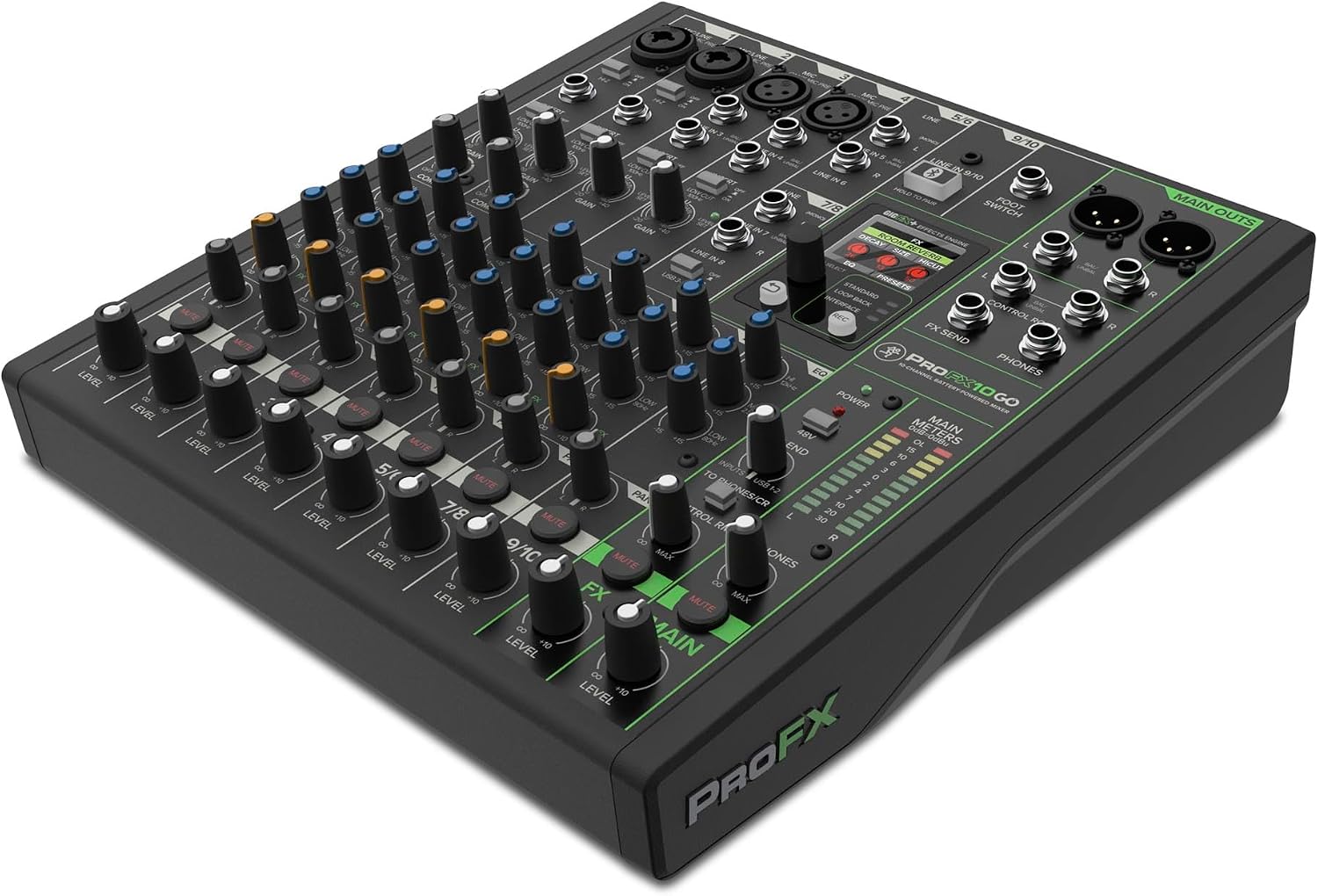 Mackie ProFX10 GO 10-Channel Battery-Powered Analog Mixer w/ Bluetooth, USB-C Recording, FX, Onyx Preamps, 8-Hour Life