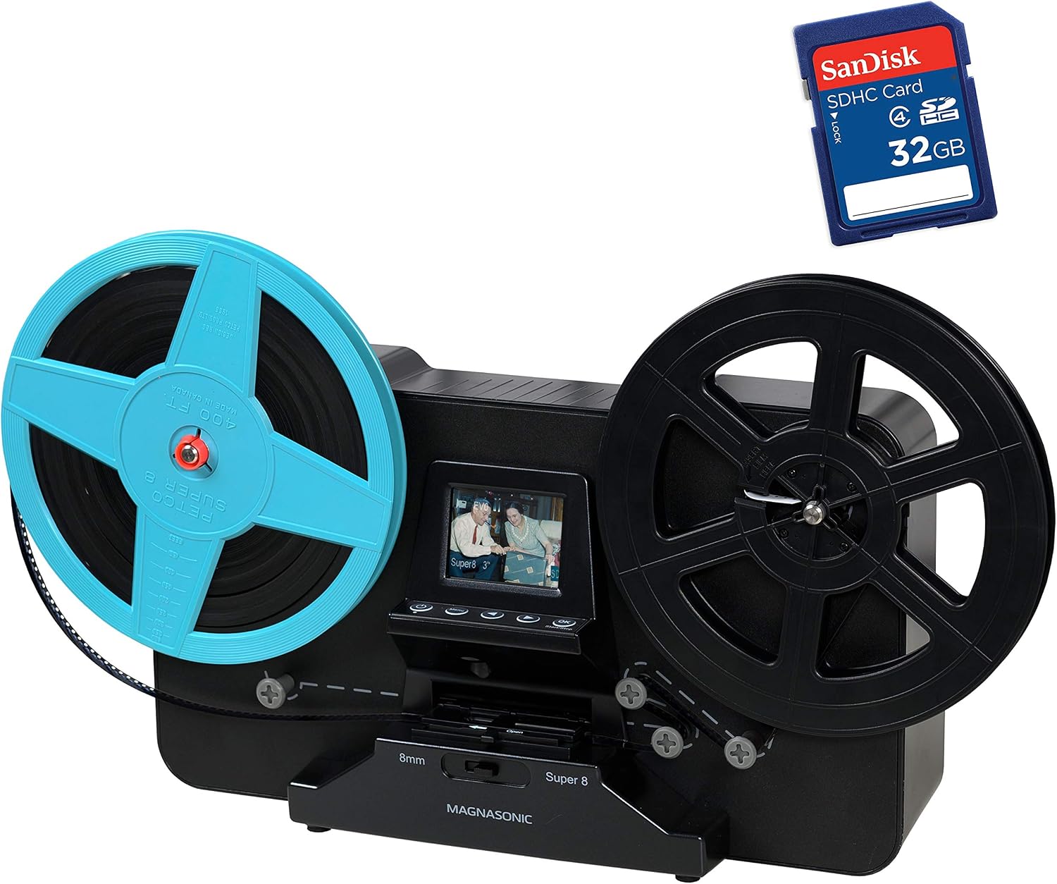 Magnasonic All-in-One Super 8/8mm Film Scanner, Converts Film into Digital Video, Scans 3″, 5″ and 7″ Super 8/8mm Film Reels with Bonus 32GB SD Card