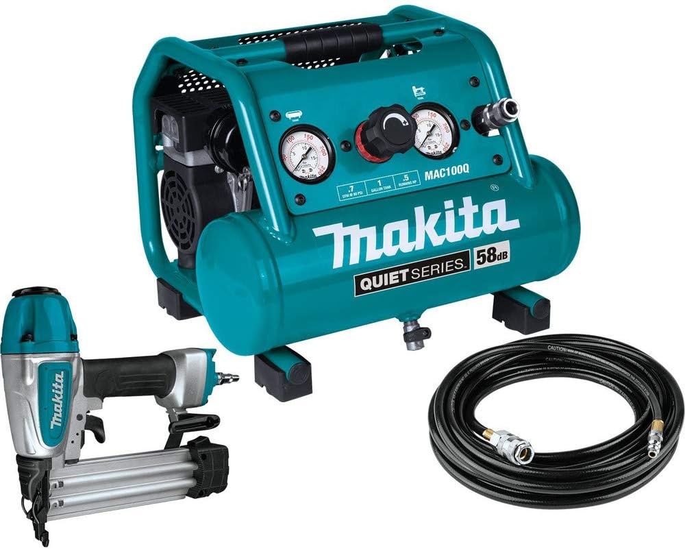 Makita MAC100QK1 Quiet Series 1/2 HP, 1 Gallon Compact, Oil-Free, Electric Air Compressor, and 18 Gauge Brad Nailer Combo Kit