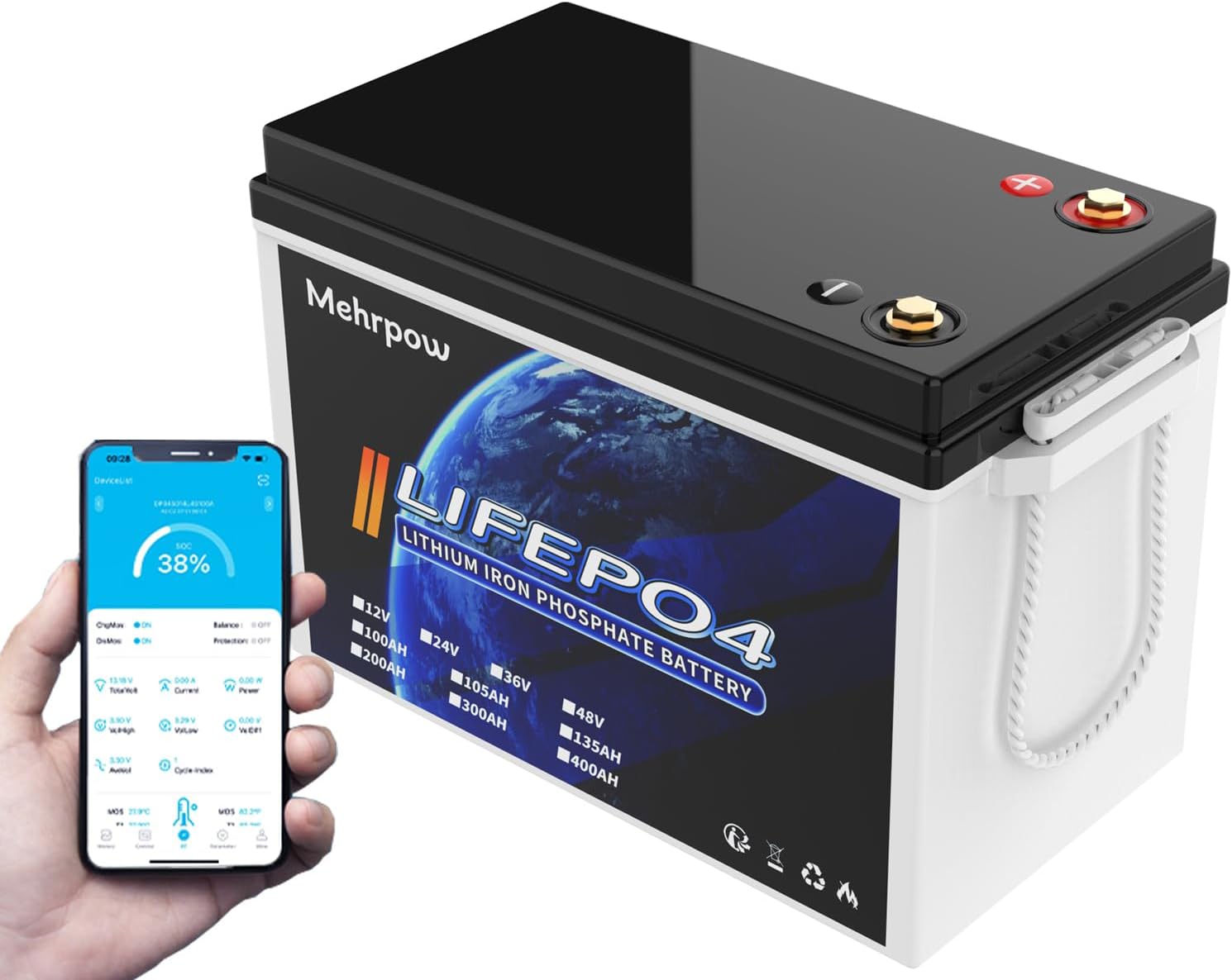 Mehrpow 12V 200Ah LiFePO4 Battery, Compact Size, 200A BMS, 2560W, 15000+ Cycles, Deep Cycle Lithium for RV, Marine, Solar, Off-Grid Power