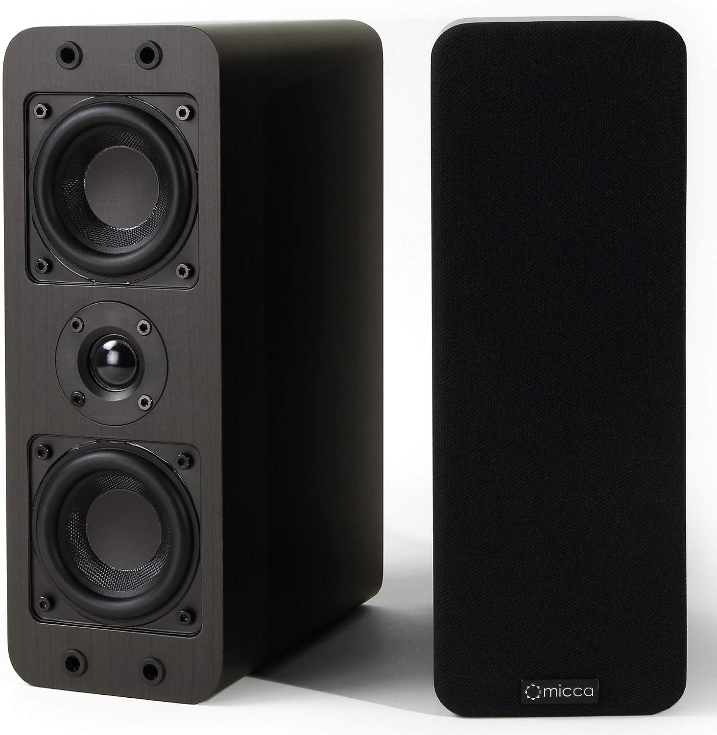 Micca OoO Passive Slim Bookshelf Speakers 3″ Woofers & Silk Tweeter, Under 4″ Wide, Wall Mountable, Pair – Dark Walnut