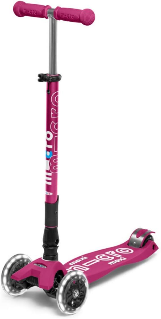 Micro Kickboard Maxi Deluxe Foldable LED Scooter – 3-Wheel, Lean-to-Steer, Light-Up Wheels, Ages 5-12, Berry Red