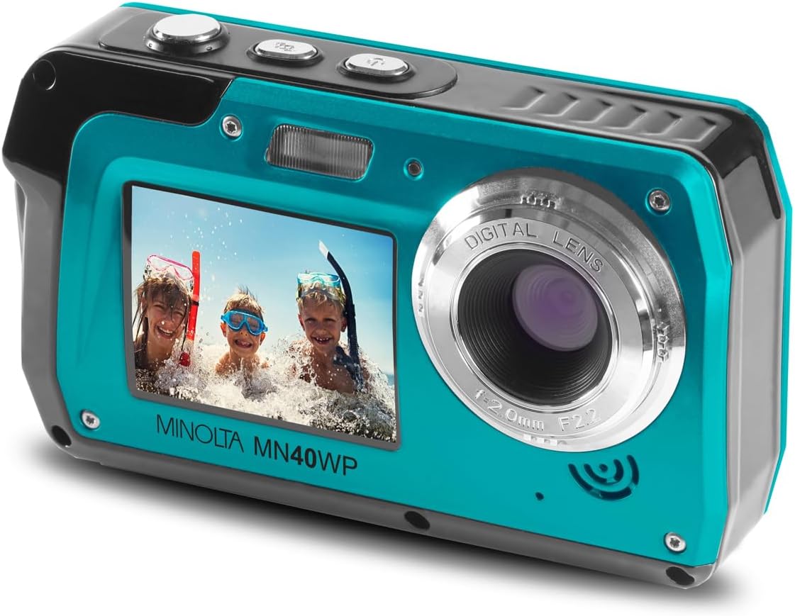 Minolta MN40WP 48MP Waterproof Digital Camera, Dual LCD Screens, 2.7K QHD Video, 16x Digital Zoom, Anti-Shake, Face Detection, 10ft Waterproof (Blue)
