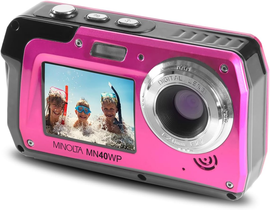 Minolta MN40WP 48MP Waterproof Digital Camera, Dual LCD Screens, 2.7K QHD Video, 16x Digital Zoom, Anti-Shake, Face Detection, 10ft Waterproof (Pink)