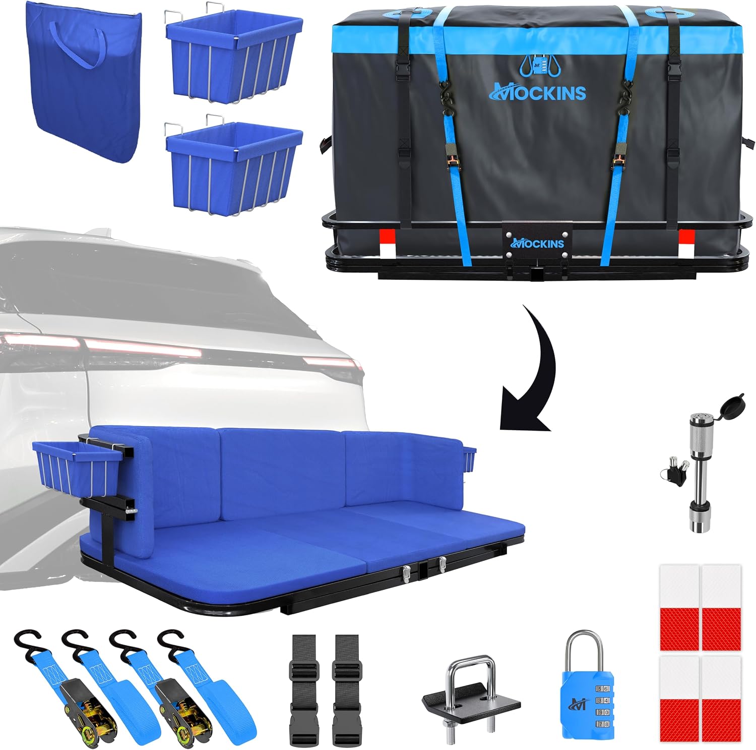 Mockins 2-in-1 Trailer Hitch Cargo Carrier Bench 48″x18″x6″ w/ 15 CuFt Vehicle Soft Shell Carriers Bag | 500 Lbs