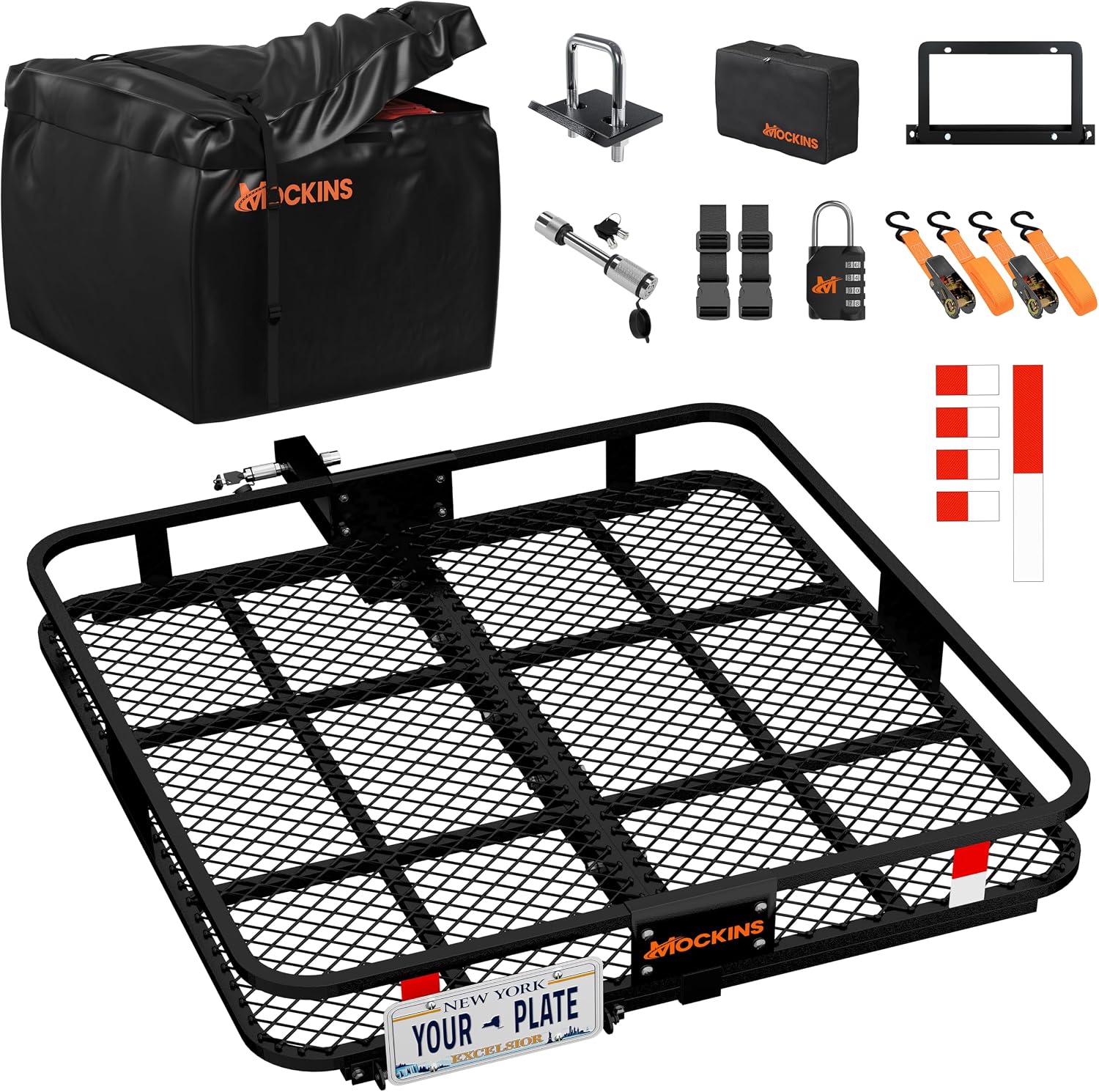 Mockins 40″x40″x6″ Extra Deep Square Trailer Hitch Cargo Carrier & 30 CuFt Square Waterproof Cargo Hitch Carrier Bag | 500 Lbs with Accessories