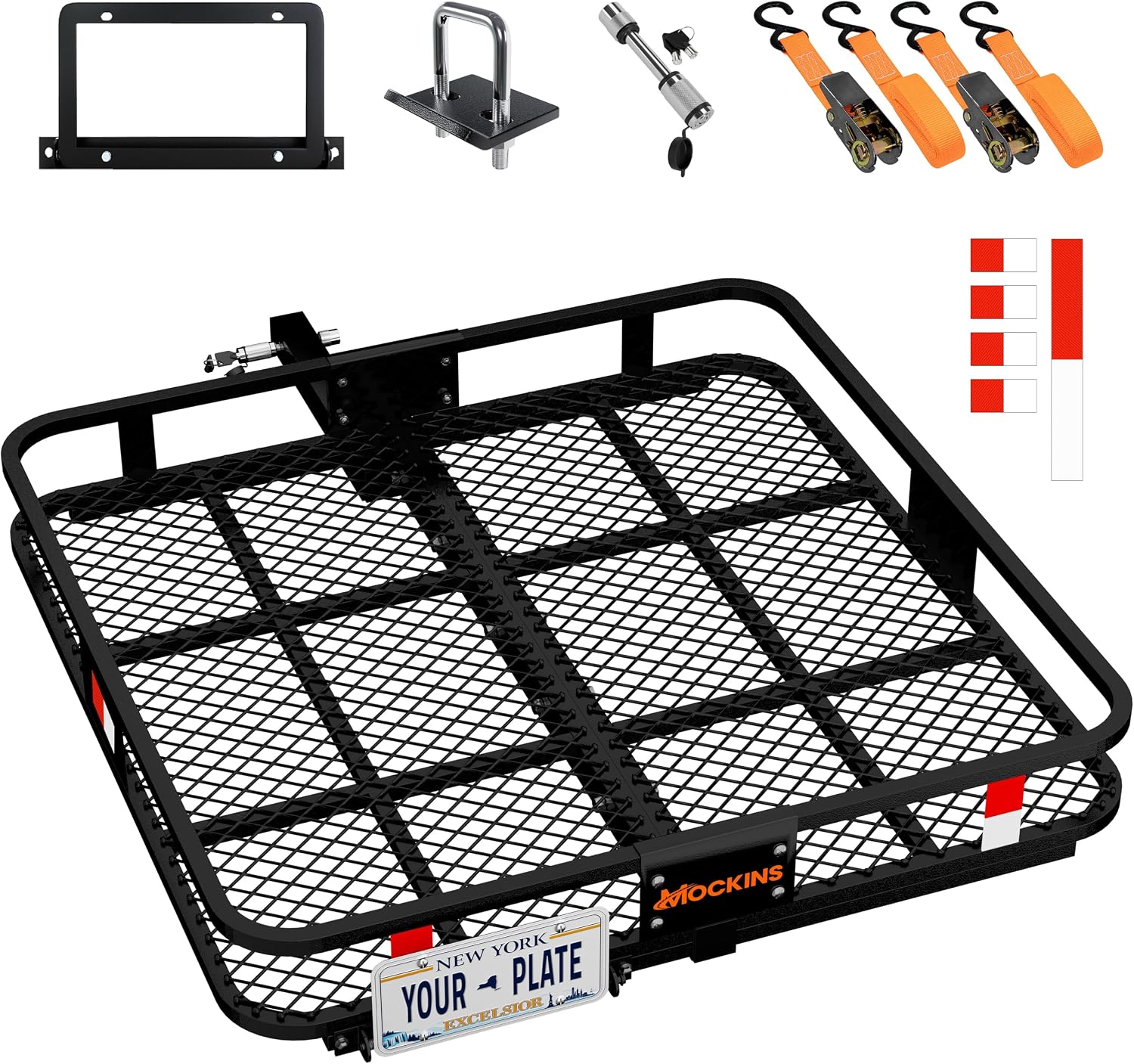 Mockins 40″x40″x6″ Extra Deep Square Trailer Hitch Cargo Carrier w/Plate Bracket | 500 Lbs Cap Heavy Duty Cargo Hitch Carrier Rack with Accessories