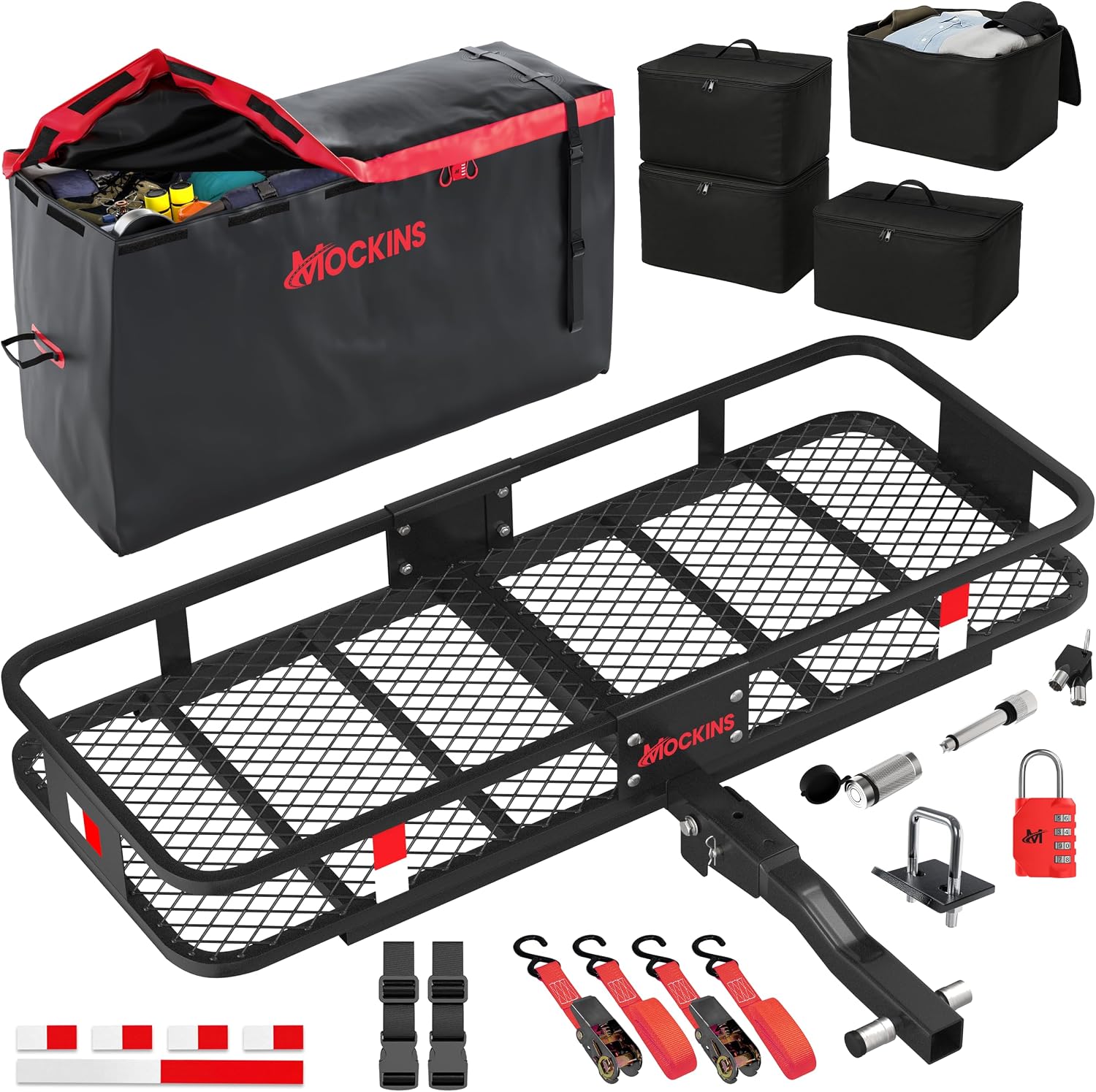 Mockins 48″x18″x6″ Folding Hitch Cargo Carrier & 15 CuFt Waterproof Cargo Bag for Truck Bed w/ 4 Packing Cubes | Weatherproof 500 lbs, w/Accessories