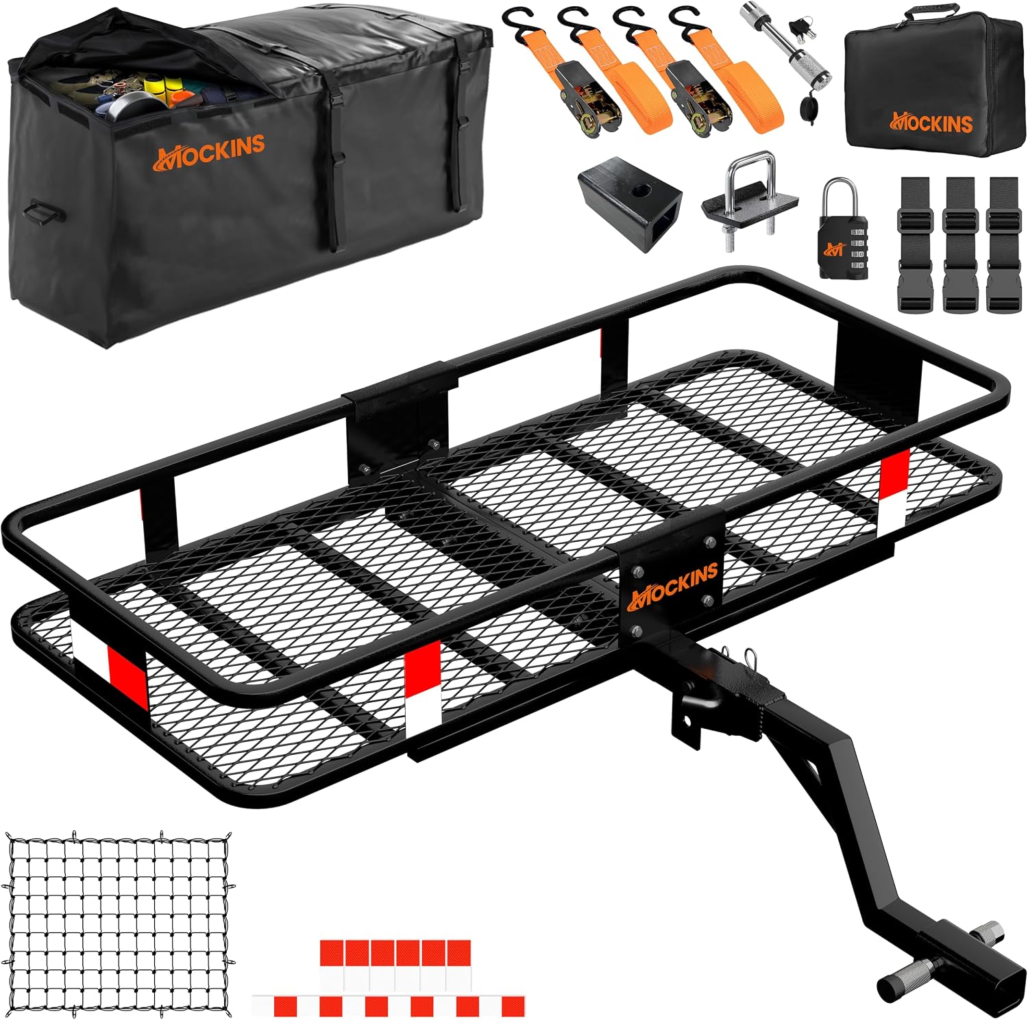Mockins 6″ Raised Shank Folding Luggage Rack 48″x20″x6″ & 15 Cu Ft Waterproof Cargo Bag, Heavy-Duty 500 Lbs. Capacity Trailer Hitch Cargo Carrier