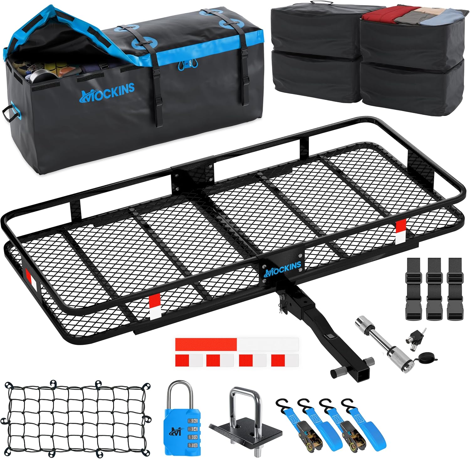 Mockins 60″x20″x6″ Folding Trailer Hitch Cargo Carrier w/ 16 CuFt Waterproof Cargo Bag for Hitch Carrier & 4 Packing Cubes | 500 Lbs with Accessories
