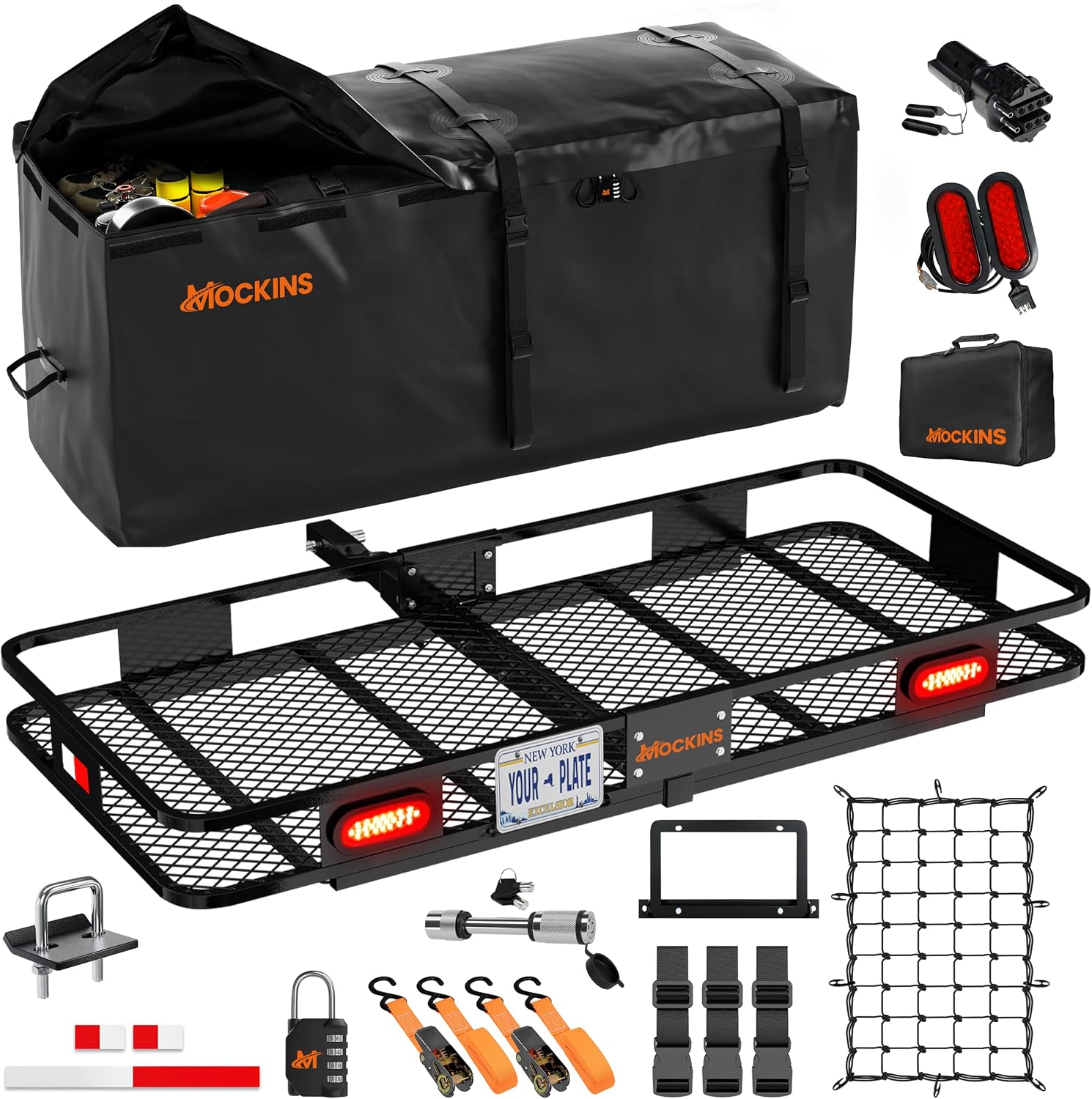 Mockins 60″x20″x6″ Heavy Duty Trailer Hitch Cargo Carrier w/ 20 CuFt Waterproof Cargo Bag | 500 Lbs with Accessories & More