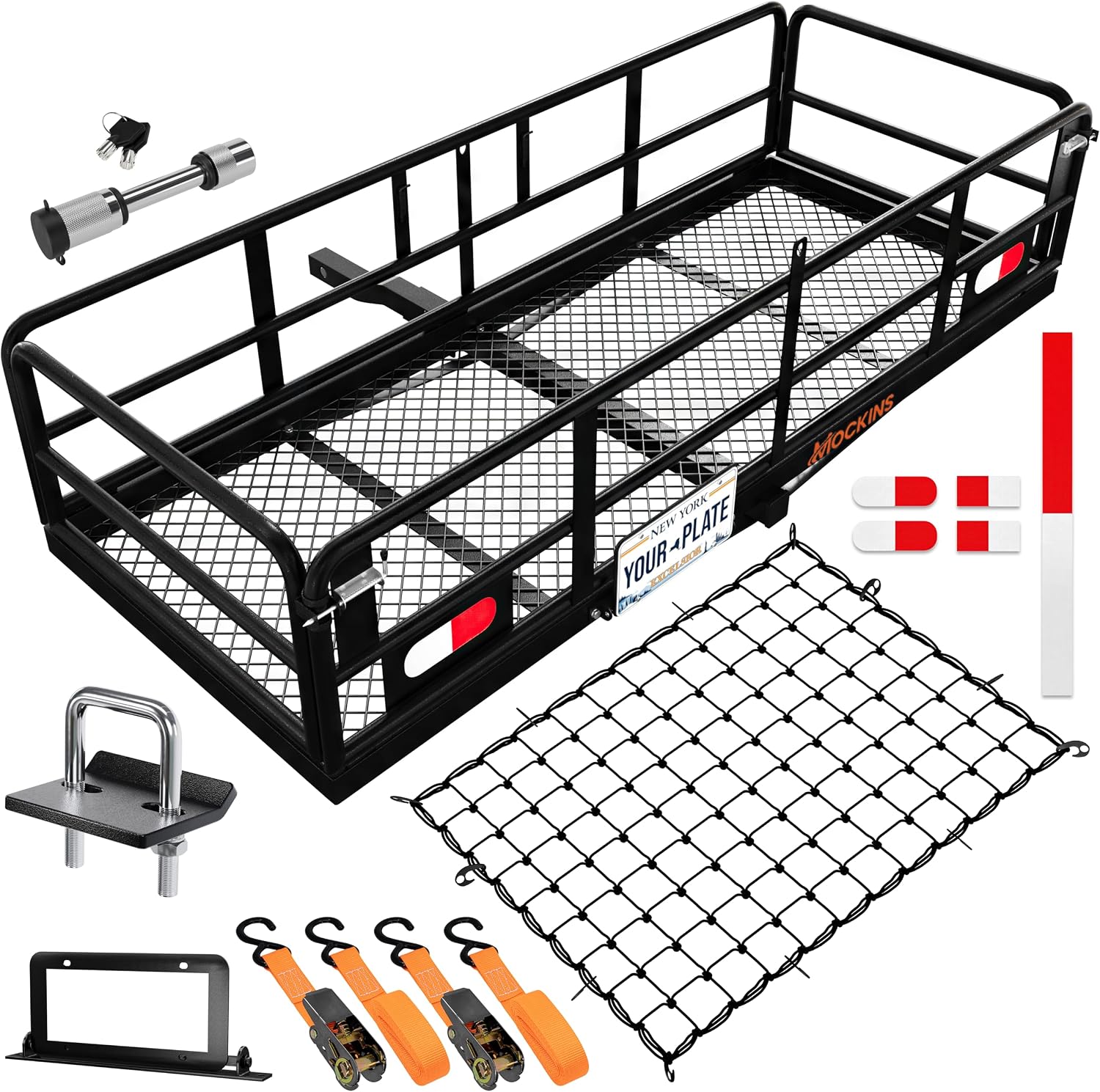 Mockins 60″x24″x14″ High Rail Car Trailer Hitch Cargo Carrier w/Plate Bracket | 500 Lbs. Capacity Folding Luggage Rack with Accessories
