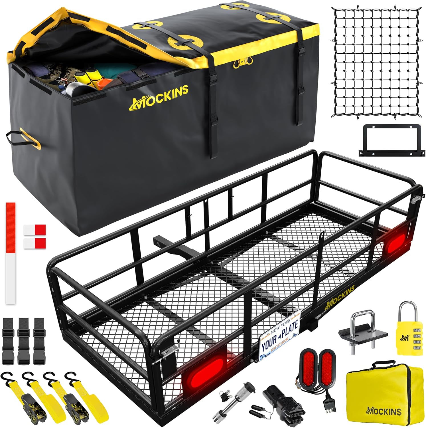 Mockins 60″x24″x14″ High Rail Folding Car Trailer Hitch Cargo Carrier w/Rear Lights, Plate Bracket & 30 CuFt Waterproof Cargo Bag | 500Lbs
