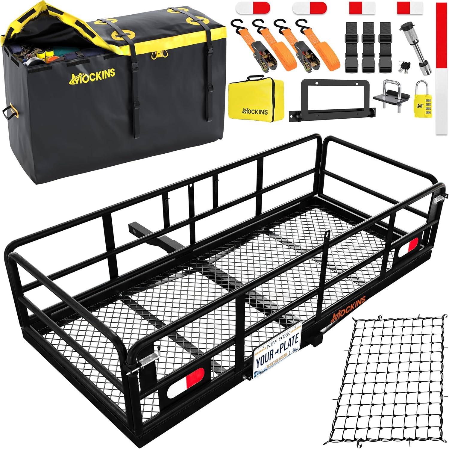 Mockins 60″x24″x14″ High Rail Trailer Hitch Cargo Carrier w/License Plate Holder & 30 Cu.Ft. Waterproof Cargo Bag | All-Weather 500 Lbs