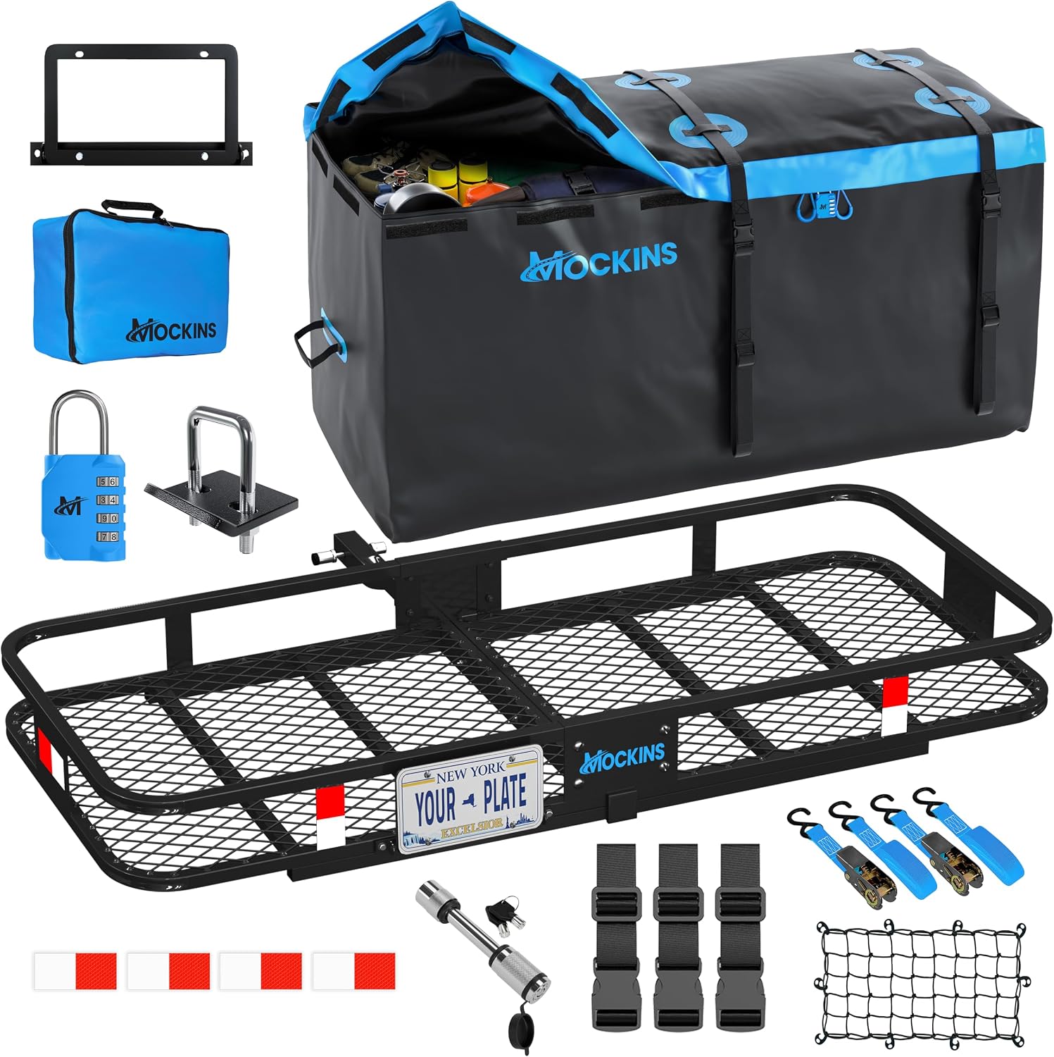 Mockins 60″x24″x6″ Folding Trailer Hitch Cargo Carrier with Capacity Set w/License Plate Holder, Stabilizer, Locks, Straps, & Net – 500 Lbs