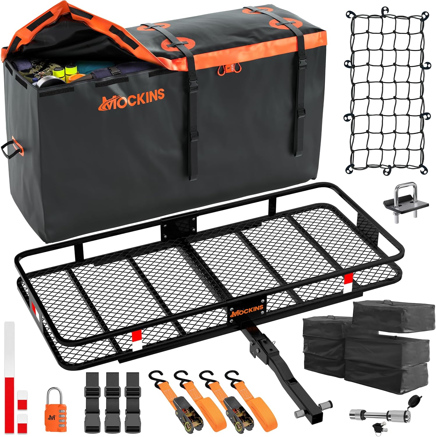 Mockins 60″x24″x6″ Trailer Hitch Cargo Carrier w/ 30 CuFt Waterproof Cargo Bag for Hitch Carrier | Vehicle Soft Shell Carriers w/Accessories