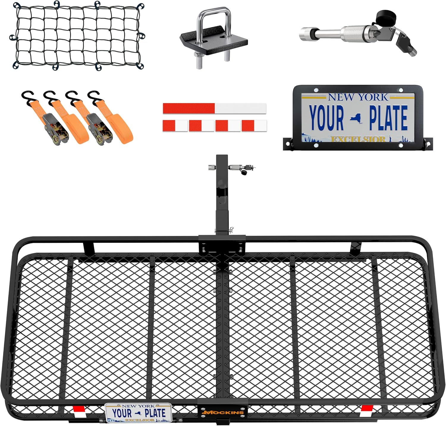 Mockins 60″x24″x6″ XL Heavy Duty Trailer Hitch Cargo Carrier | 500 Lbs | Steel Hitch Rack Cargo Carrier Set with Accessories