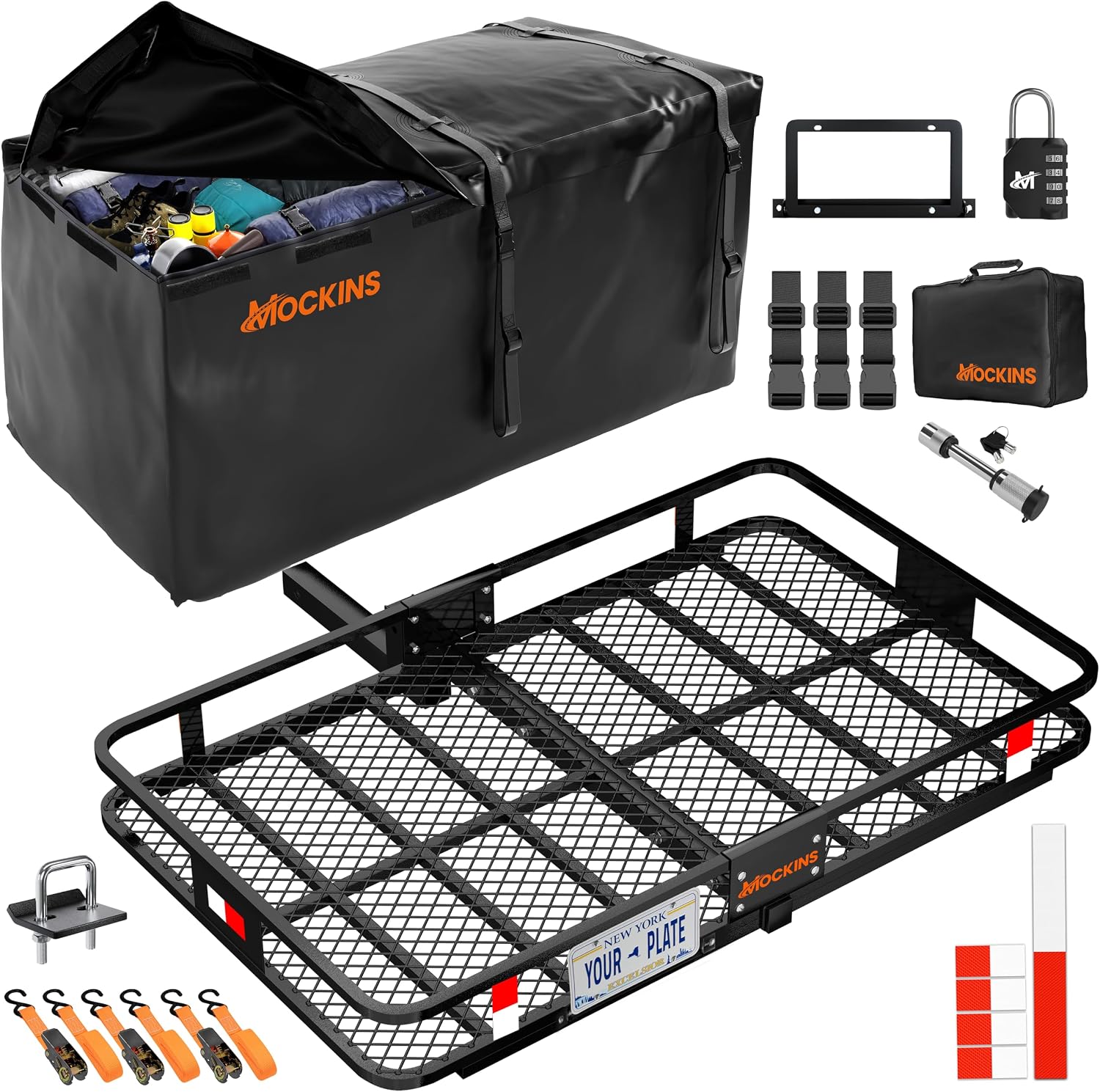 Mockins 60″x36″x6″ XL Folding Trailer Hitch Cargo Carrier & 35 Cu.Ft. Tow Hitch Cargo Carrier Bag | 500 Lbs. Capacity Luggage Rack with Accessories