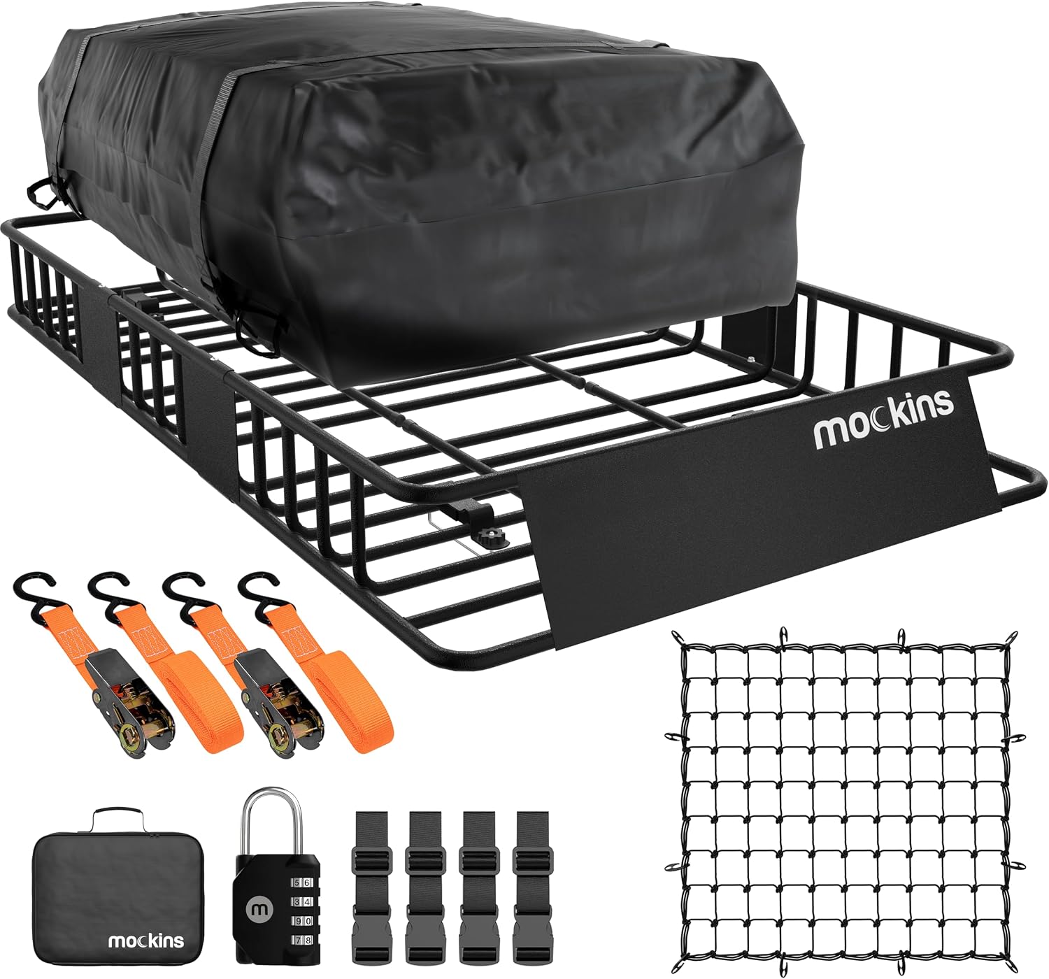 Mockins 64″x39″x6″ Extendable Car Roof Rack Basket & 16 CuFt Waterproof Car Rooftop Cargo Carrier Bag | 250 Lbs. with Accessories