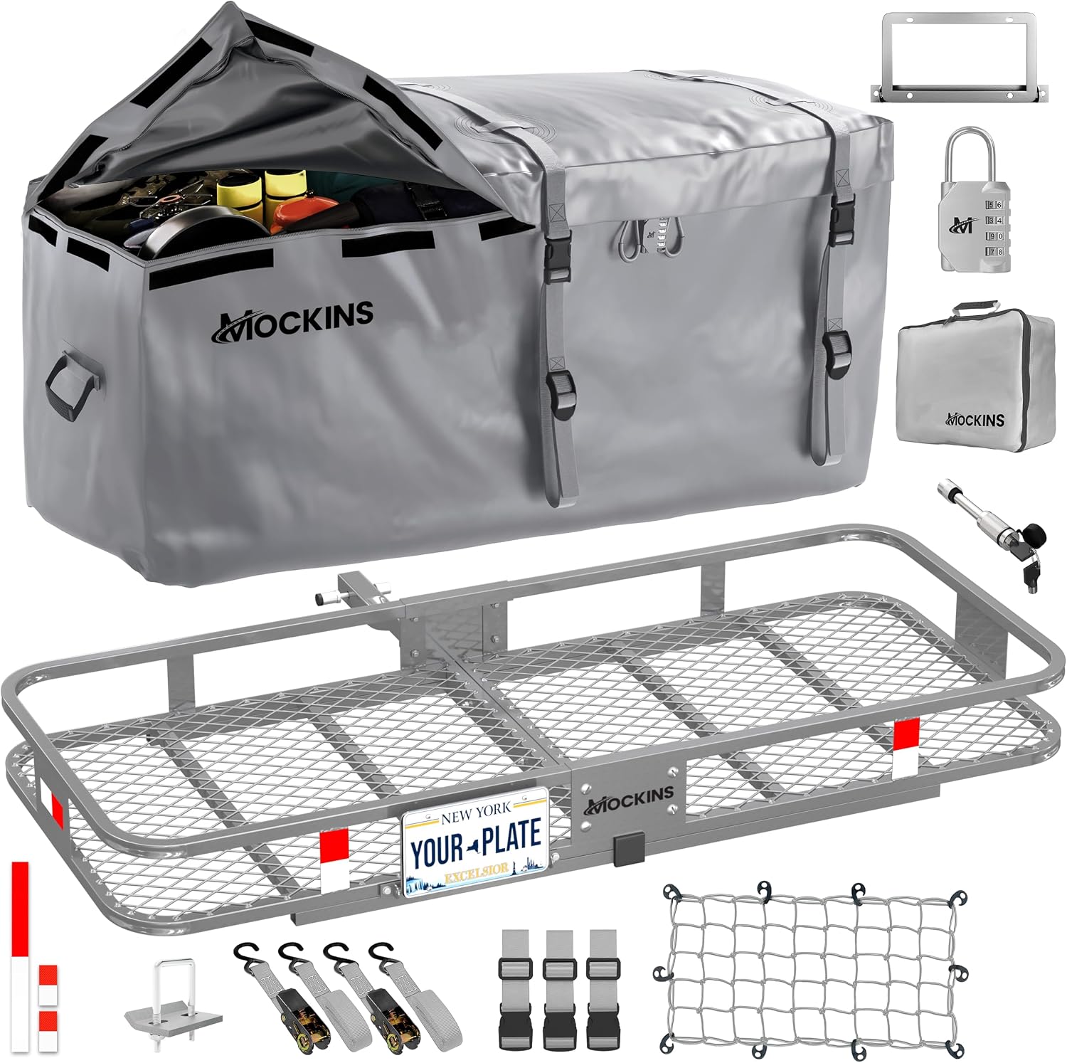 Mockins Folding Hitch Cargo Carrier 60″x20″x6″ – 500 lbs Capacity with 16 Cu.Ft. Waterproof Bag & Accessories for SUV, Car, Truck & RV, Gray