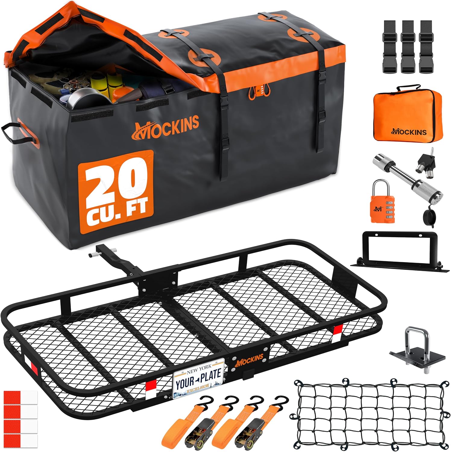 Mockins Folding Hitch Cargo Carrier 60″x20″x6″ – 500 lbs Capacity with 20 Cu.Ft. Waterproof Bag, All-Weather Rack & Soft-Shell Cover, Black/Orange