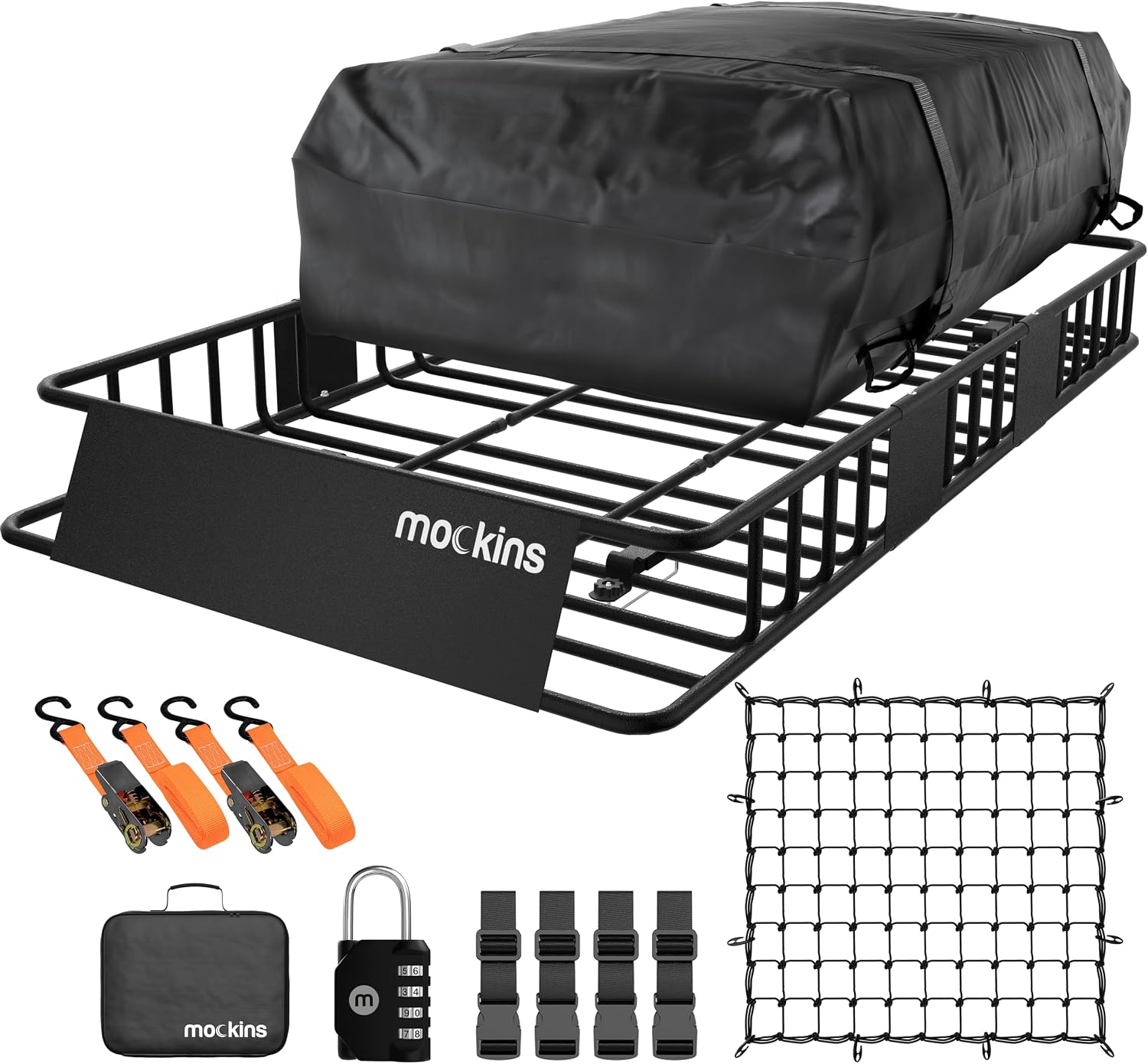 Mockins Heavy Duty Roof Rack Basket – 64″x39″x6″ – 250 lbs Capacity with 16 Cu.Ft. Weatherproof Rooftop Cargo Bag & Accessories
