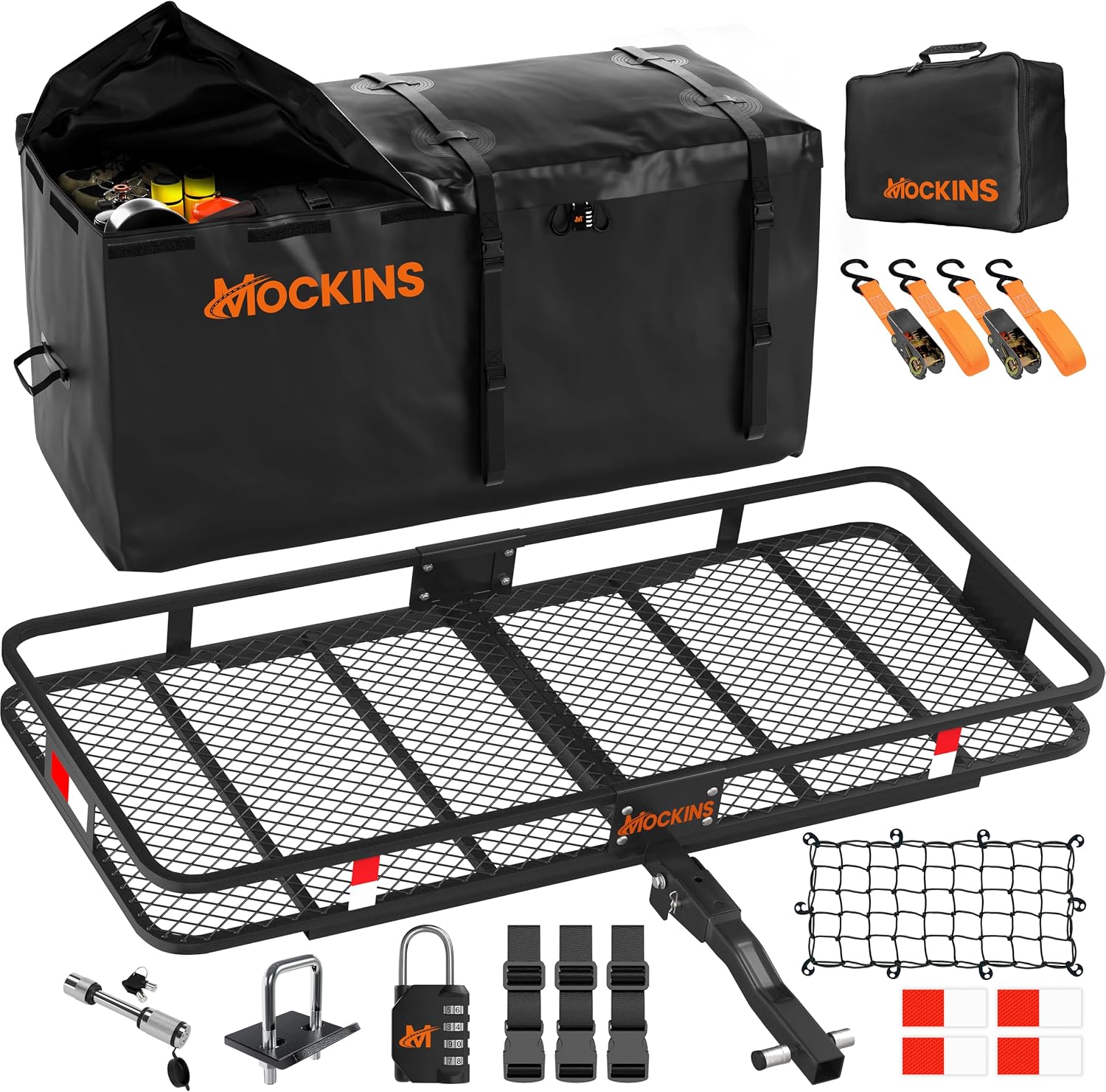 Mockins Weatherproof Trailer Hitch Cargo Carrier – 60″x24″x6″ – 500 lbs Capacity with 25 Cu.Ft. Waterproof Cargo Bag & Accessories