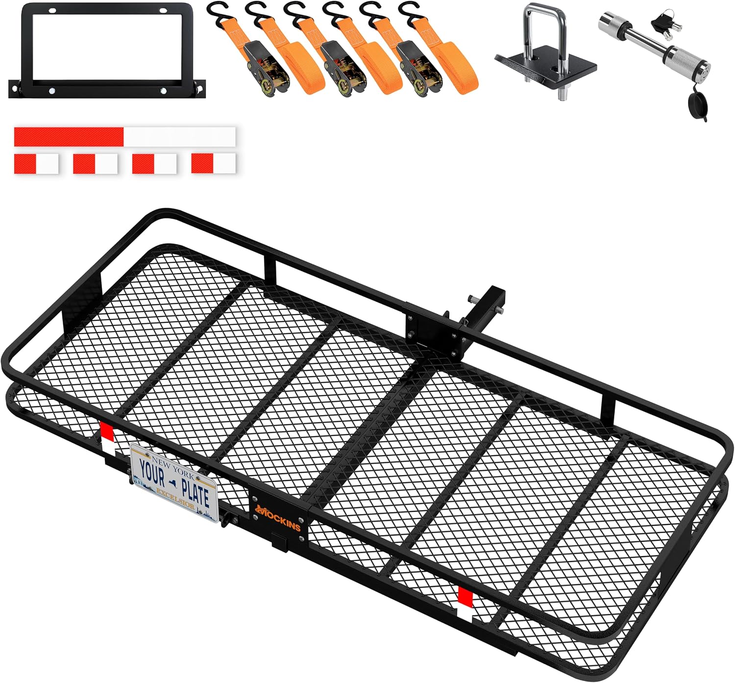 Mockins XXL 70″x30″x6″ Folding Trailer Hitch Cargo Carrier | 500 Lbs. Cap Cargo Hitch Carrier Rack w/License Plate Holder, Stabilizer, & Straps