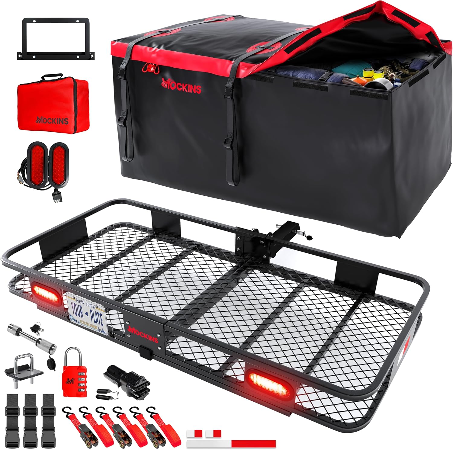 Mockins XXL 70″x30″x6″ Folding Trailer Hitch Cargo Carrier w/Rear Lights, License Plate Bracket & 40 Cu Ft Waterproof Cargo Bag, 500 Lbs
