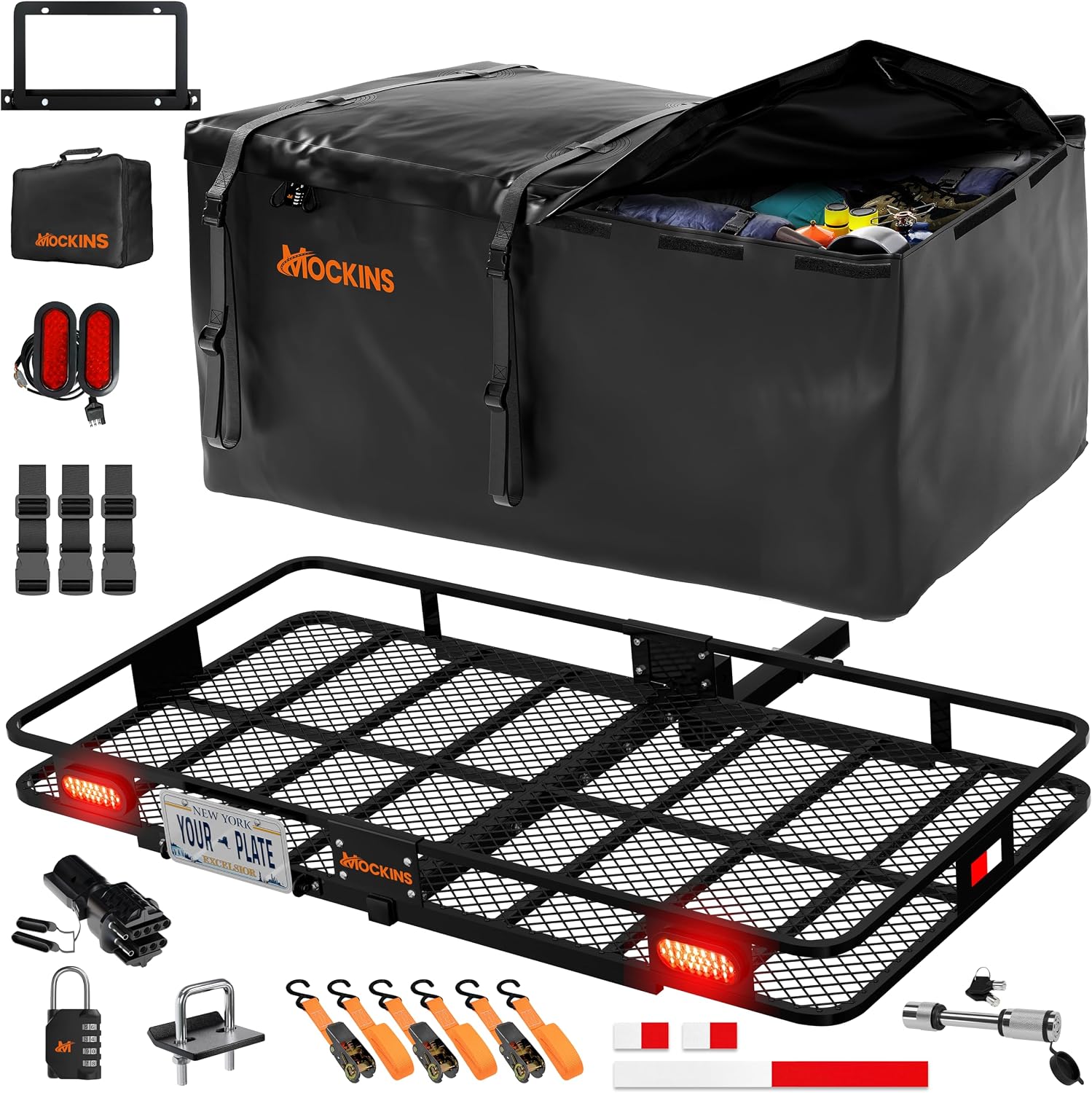 Mockins XXL 72″x36″x6″ Folding Trailer Hitch Cargo Carrier w/ 50 CuFt Waterproof Cargo Bag for Hitch Carrier | 500 Lbs with Accessories & More