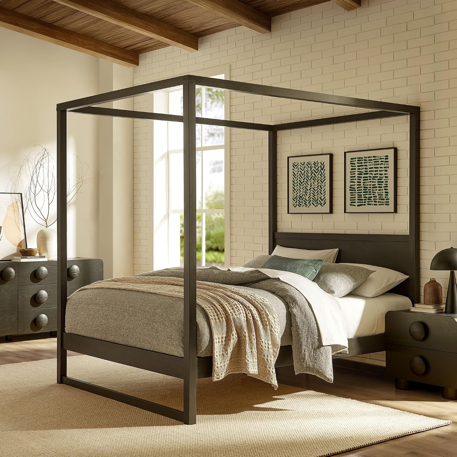 Modway Alva Queen Size 4-Post Wood Platform Canopy Bed in Smoked Oak – with Headboard and Solid Rubberwood Frame