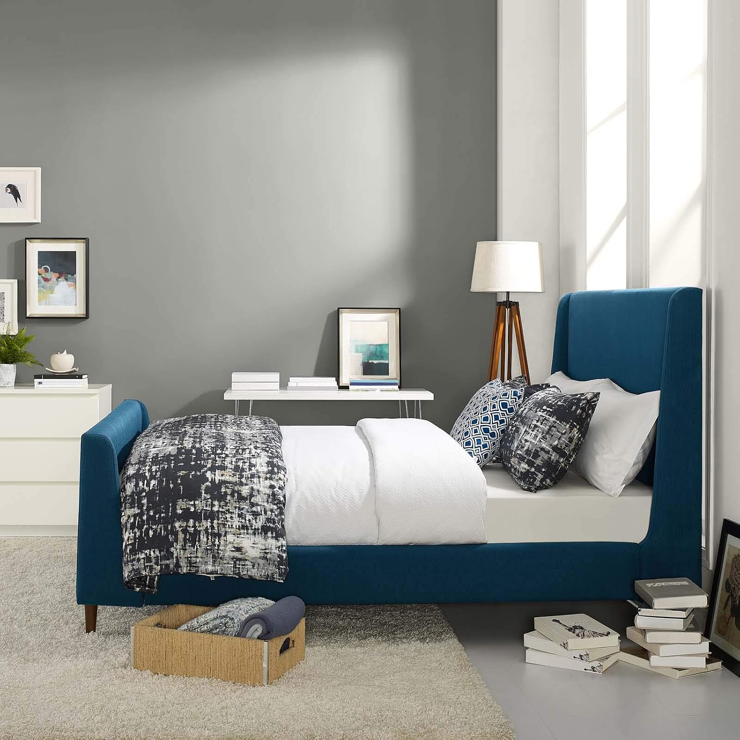 Modway Aubree Upholstered Fabric Sleigh Queen Platform Bed in Azure