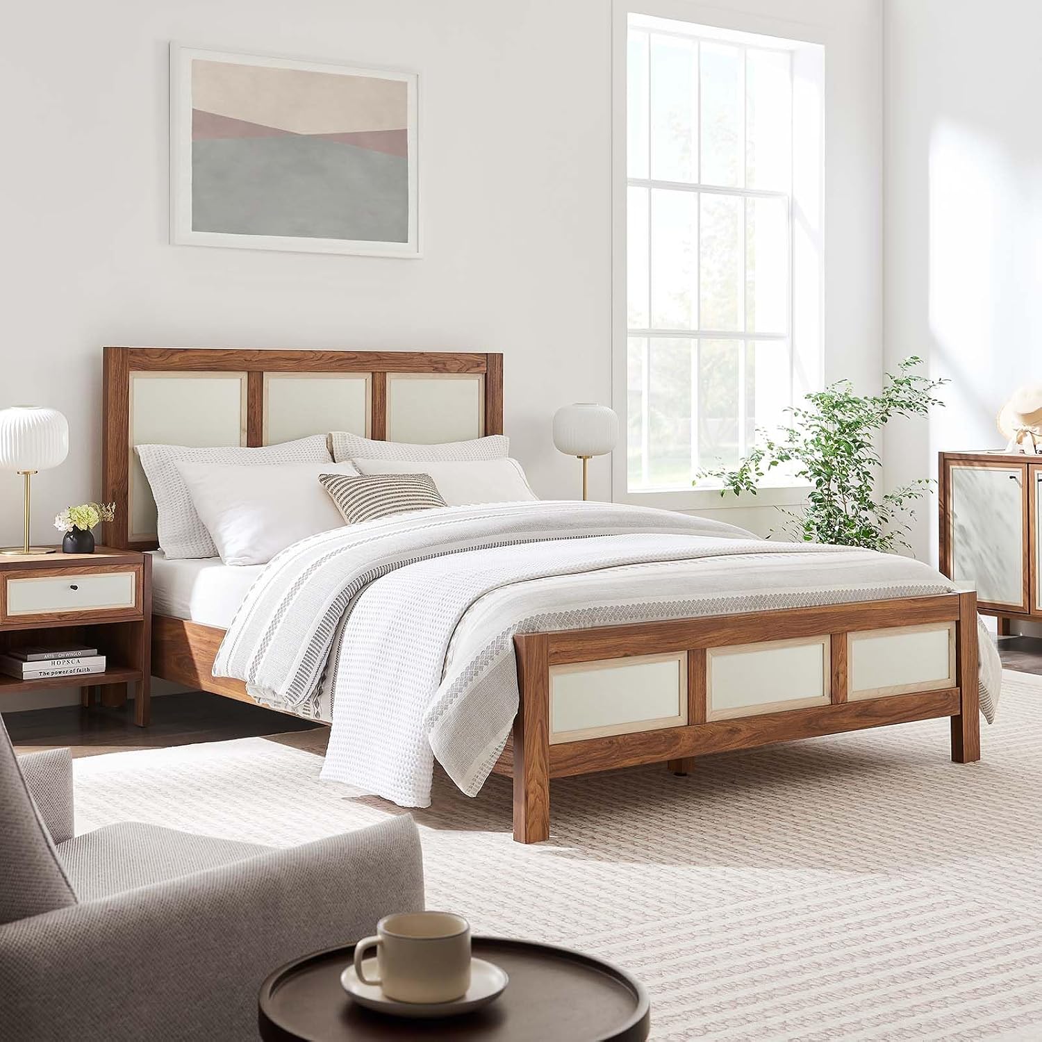 Modway Capri Mid-Century Queen Platform Bed – Walnut Wood Frame with Headboard & Footboard, No Box Spring Needed