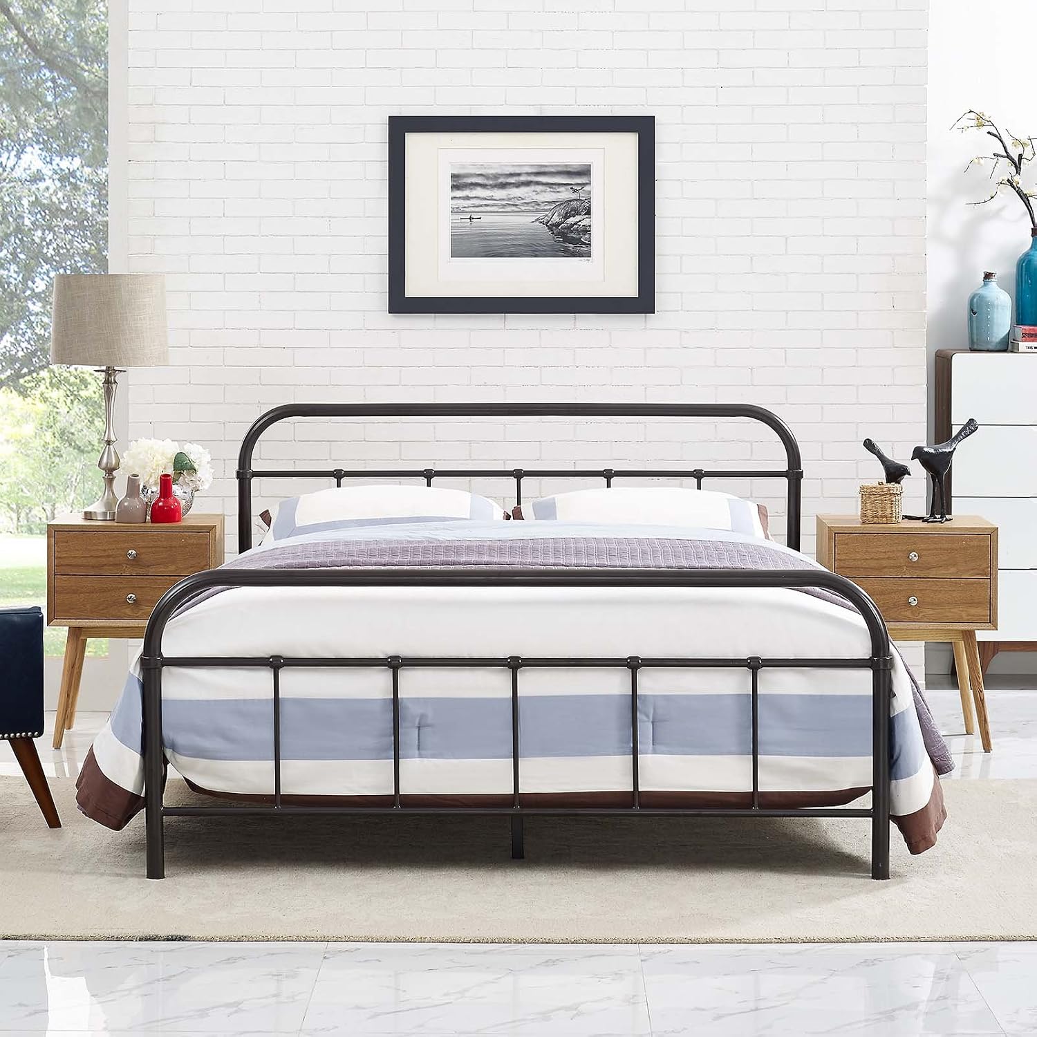 Modway Maisie Steel Metal Farmhouse Platform Full Bed Frame With Headboard In Brown