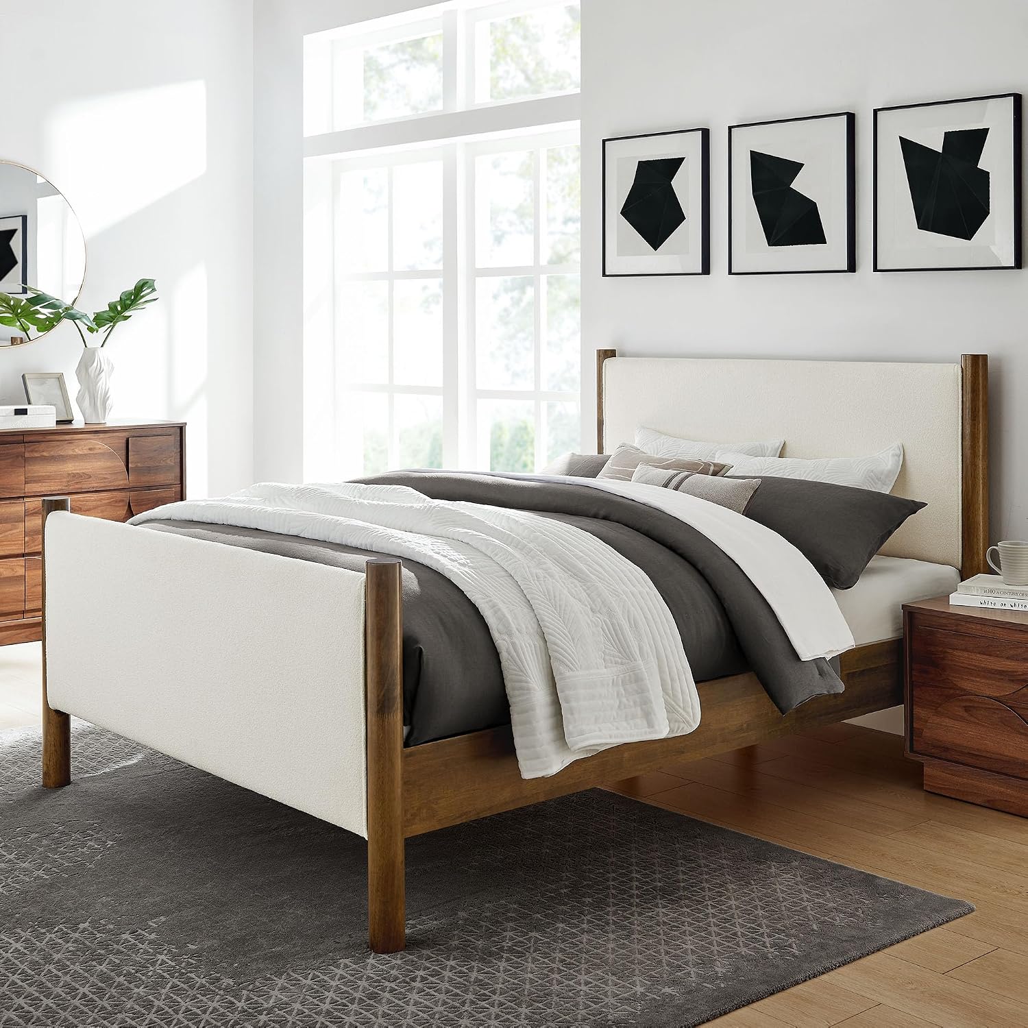 Modway Maven Full Bed Frame – Feather Walnut Wood Platform with Upholstered Boucle Headboard & Footboard, No Box Spring