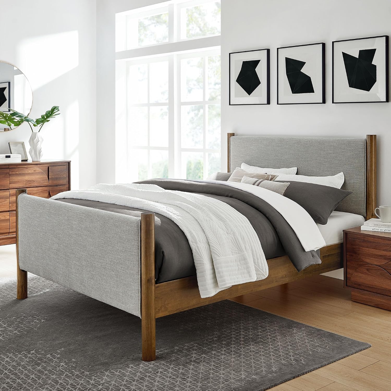 Modway Maven Full Bed Frame – Wheat Walnut Wood Platform with Upholstered Fabric Headboard & Footboard, No Box Spring