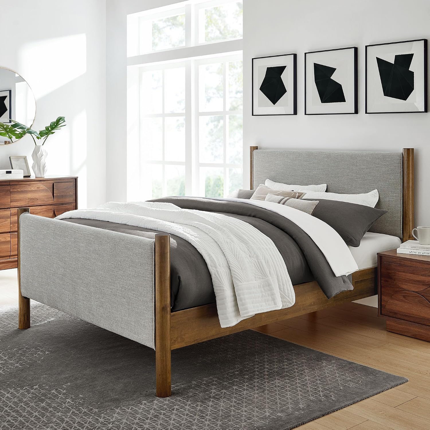 Modway Maven Queen Bed Frame – Wheat Walnut Wood Platform with Upholstered Fabric Headboard & Footboard, No Box Spring