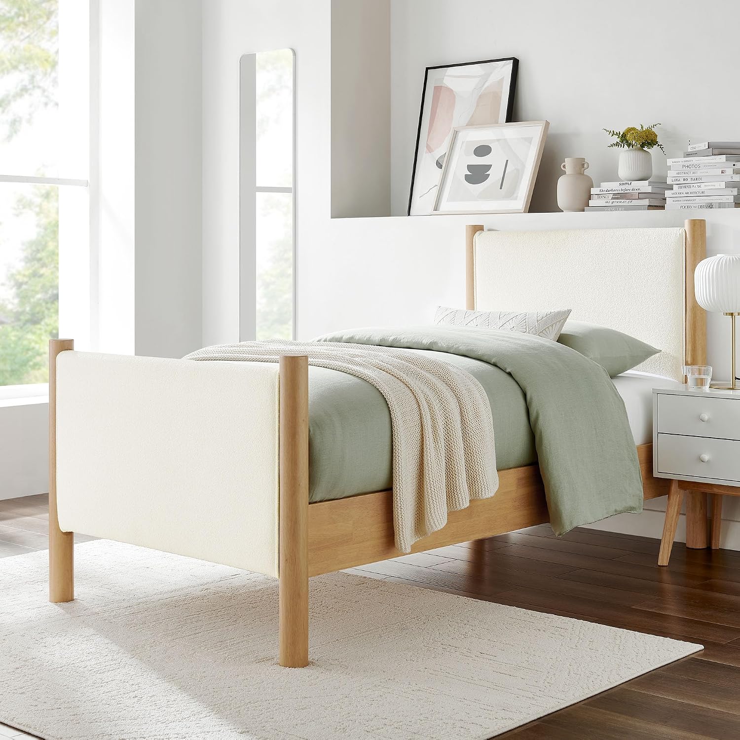 Modway Maven Twin Bed Frame – Feather Oak Wood Platform with Upholstered Boucle Headboard & Footboard, No Box Spring