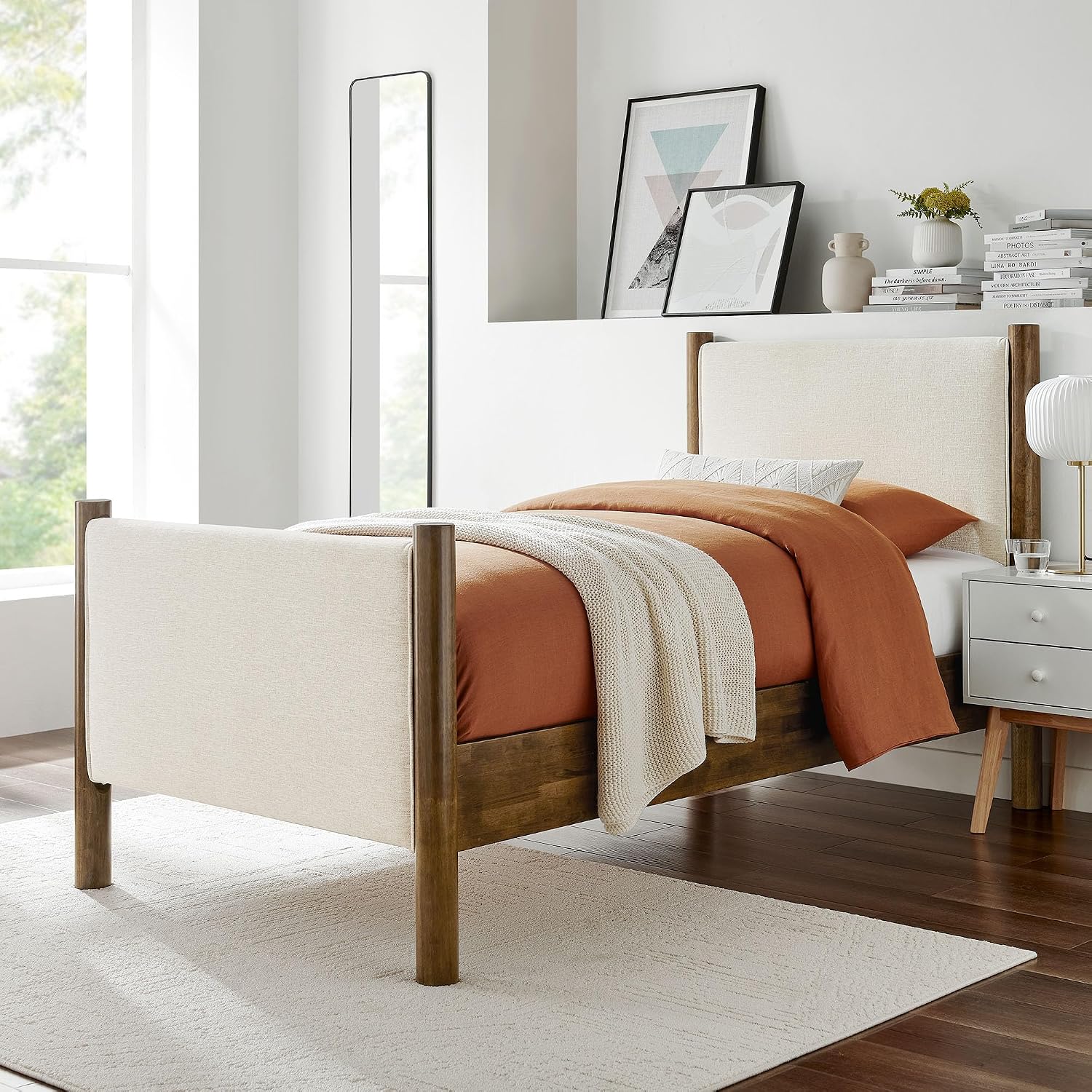 Modway Maven Twin Bed Frame – Ivory Walnut Wood Platform with Upholstered Fabric Headboard & Footboard, No Box Spring