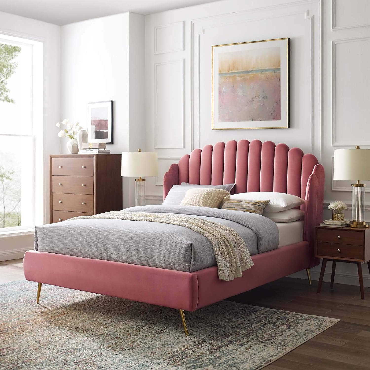 Modway MOD-6282-DUS Lana Queen Performance Velvet Wingback Platform Bed, Dusty Rose