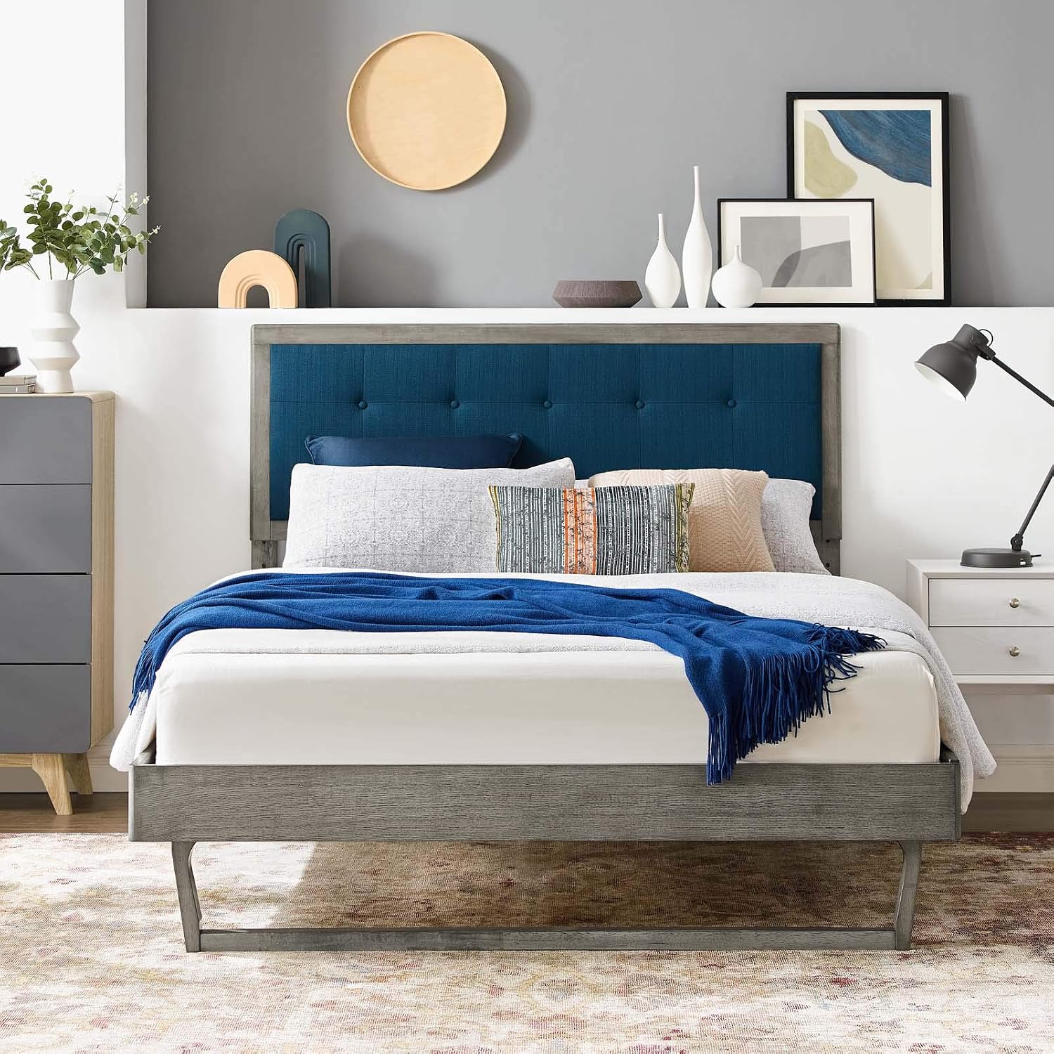 Modway MOD-6635-GRY-AZU Willow King Wood Platform Bed with Angular Frame, Gray Azure