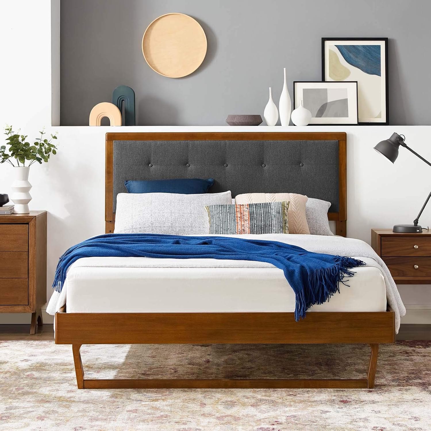 Modway MOD-6635-WAL-CHA Willow King Wood Platform Bed with Angular Frame, Walnut Charcoal