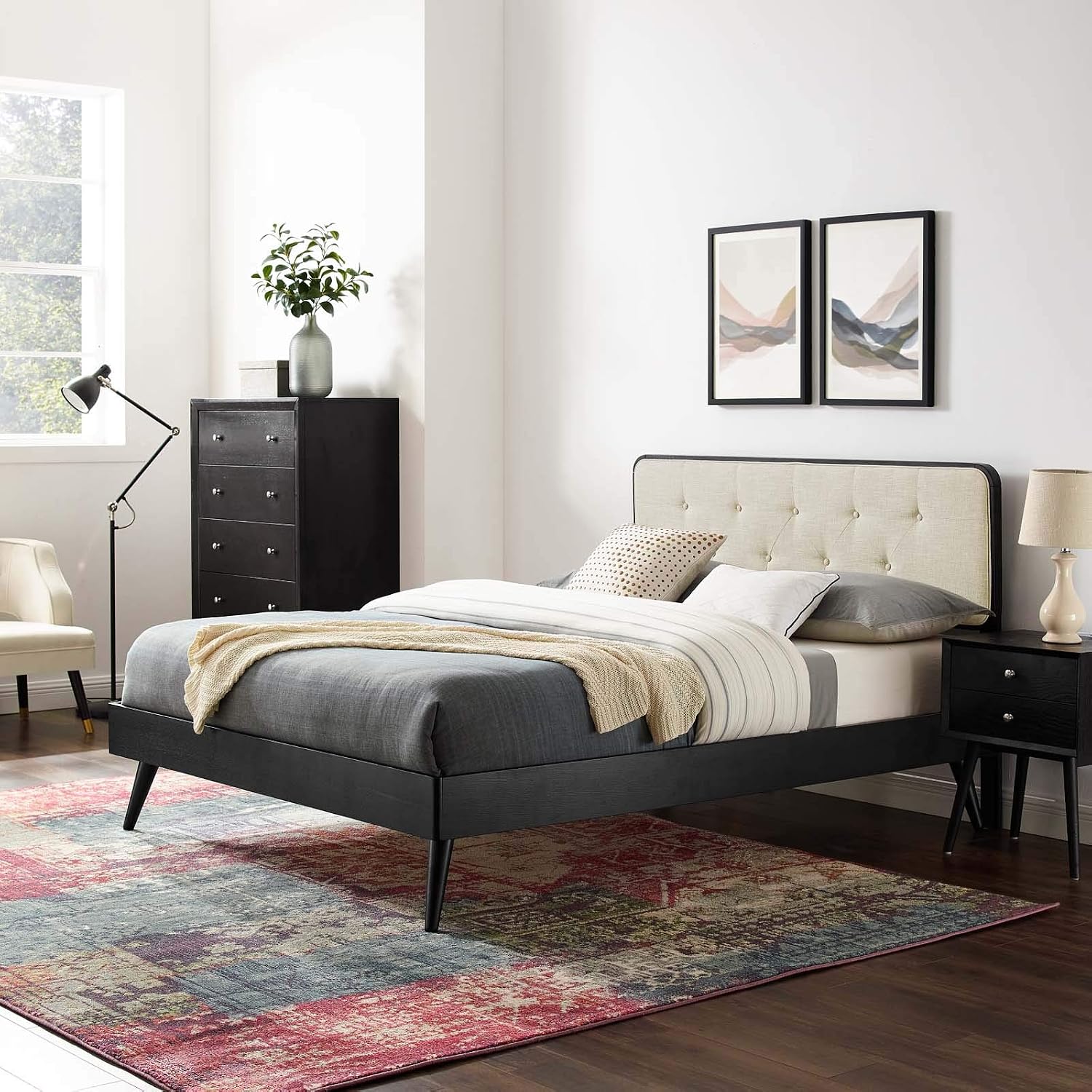 Modway MOD-6647-BLK-BEI Bridgette King Wood Platform Bed with Splayed Legs, Black Beige