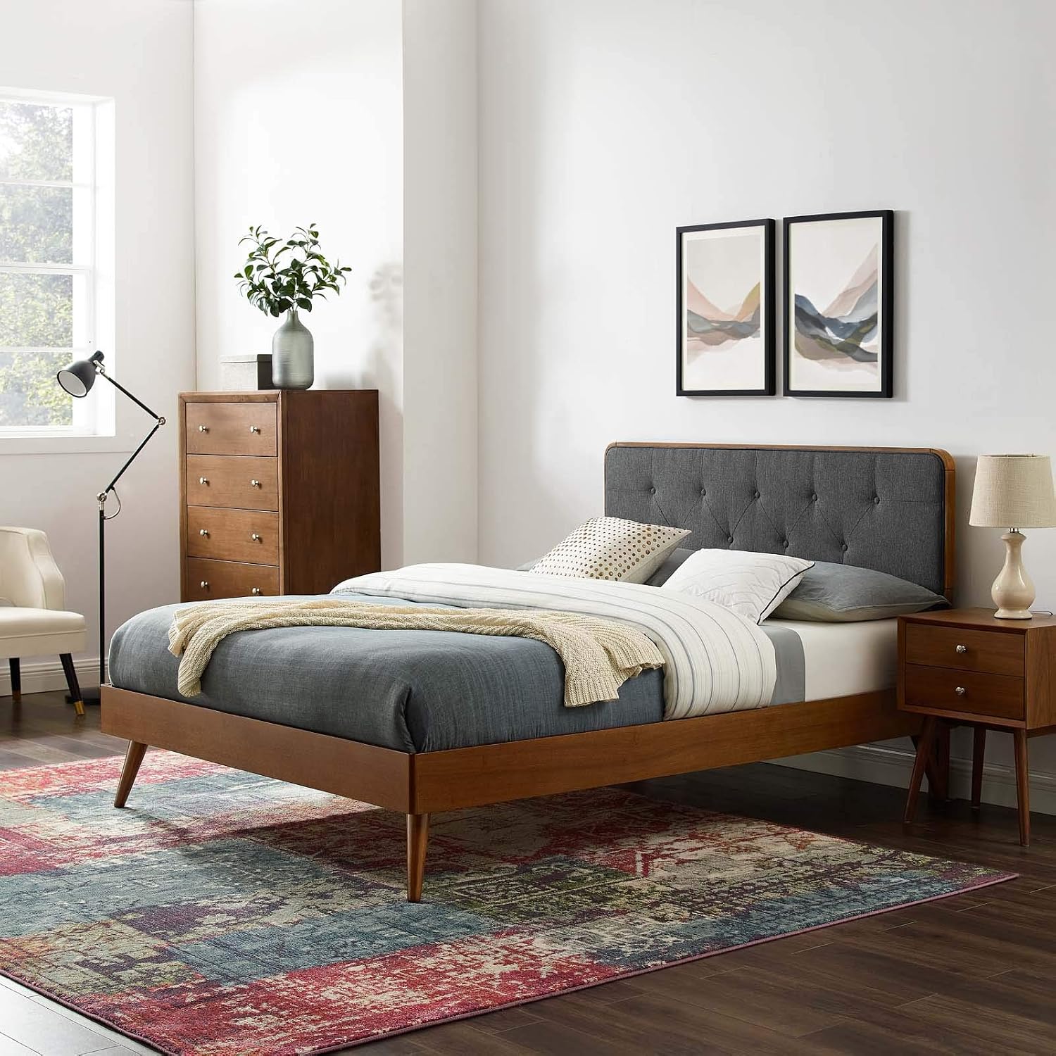 Modway MOD-6647-WAL-CHA Bridgette King Wood Platform Bed with Splayed Legs, Walnut Charcoal