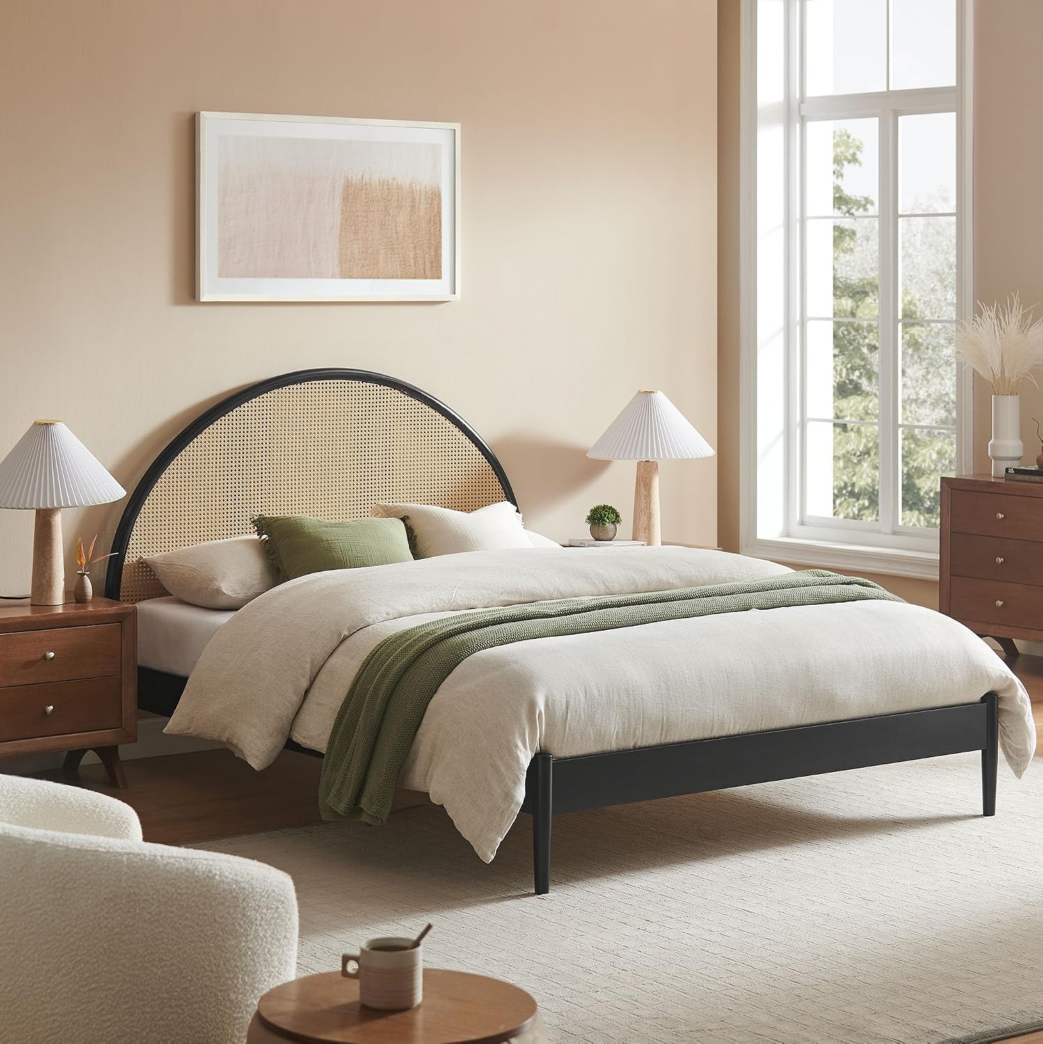 Modway Odette Queen Platform Bed – Black Wood Frame with Rattan Cane Arched Headboard, Mid-Century Modern Design