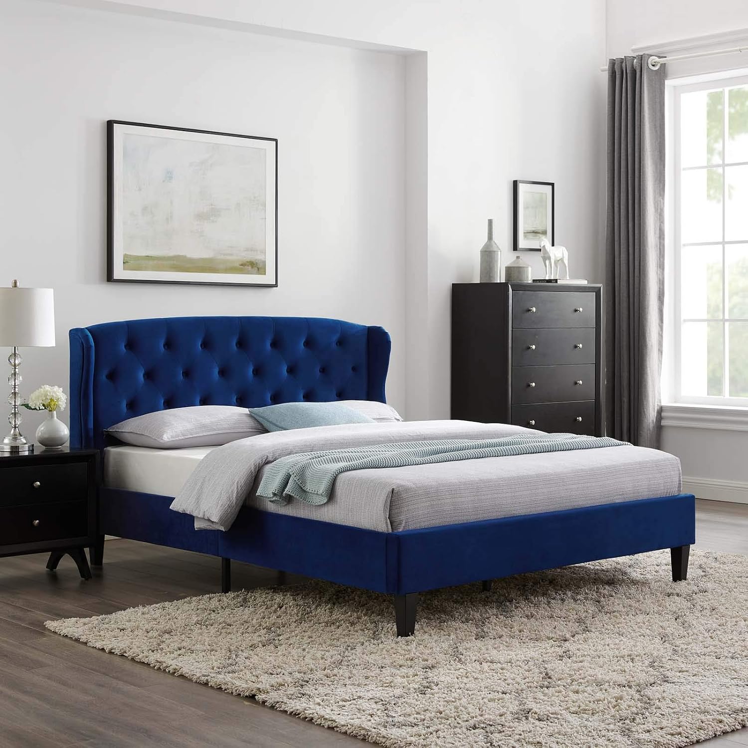 Modway Penelope Tufted Performance Velvet Wingback Platform Queen Bed in Navy